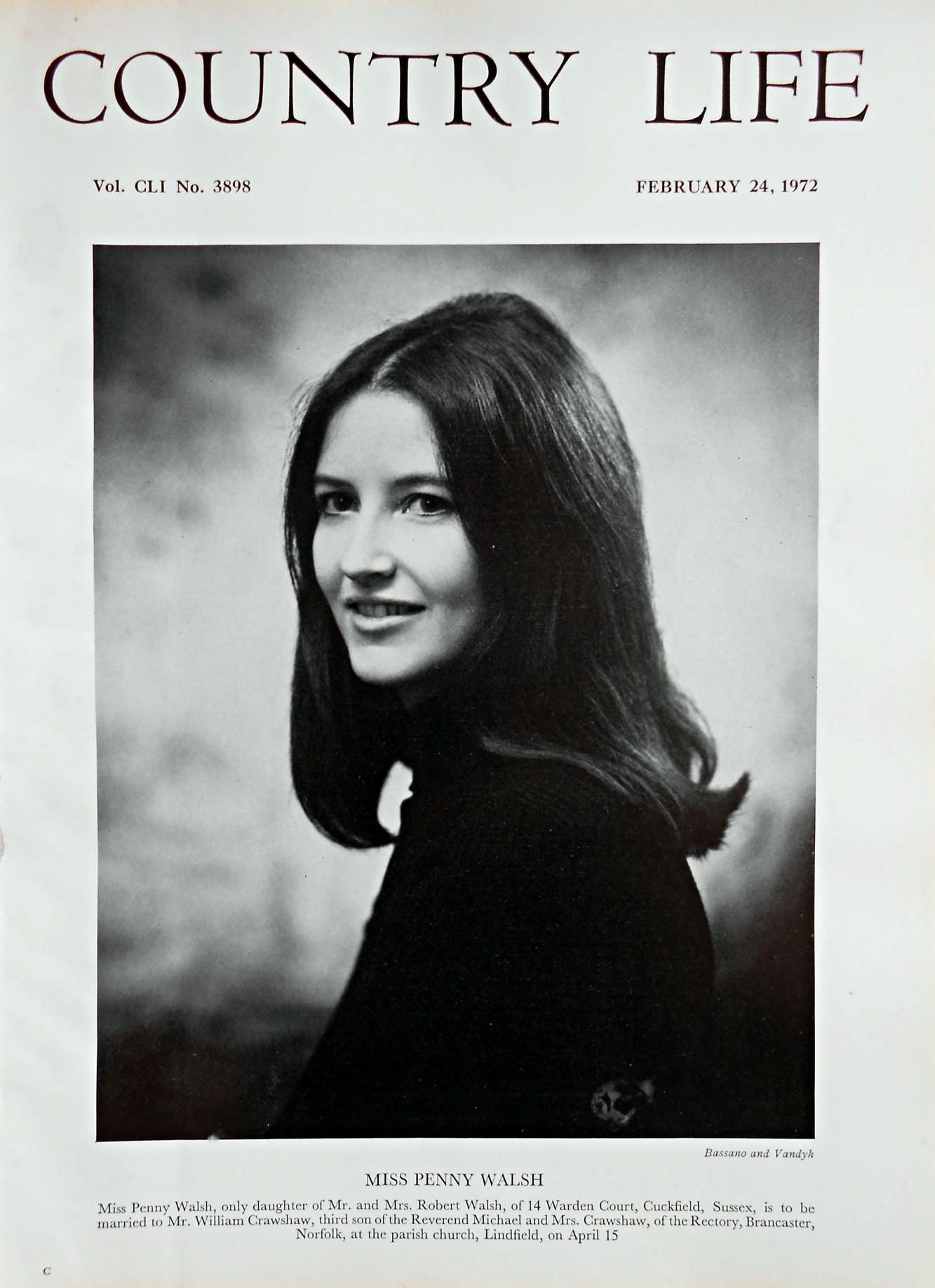 Miss Penny Walsh Country Life Magazine Portrait February 24, 1972 Vol. CLI No. 3898