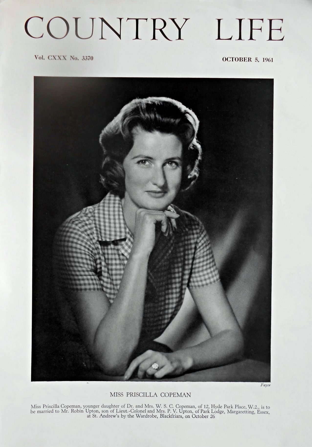 Miss Priscilla Copeman Country Life Magazine Portrait October 5, 1961 Vol. CXXX No. 3370
