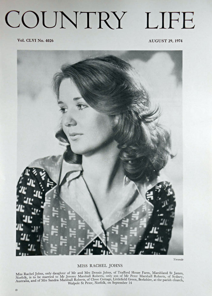 Miss Rachel Johns Country Life Magazine Portrait August 29, 1974 Vol. CLVI No. 4026