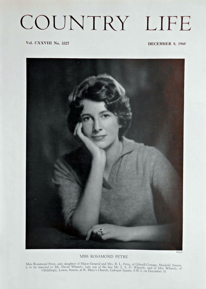 Miss Rosamond Petre Country Life Magazine Portrait December 8, 1960 Vol. CXXVIII No. 3327