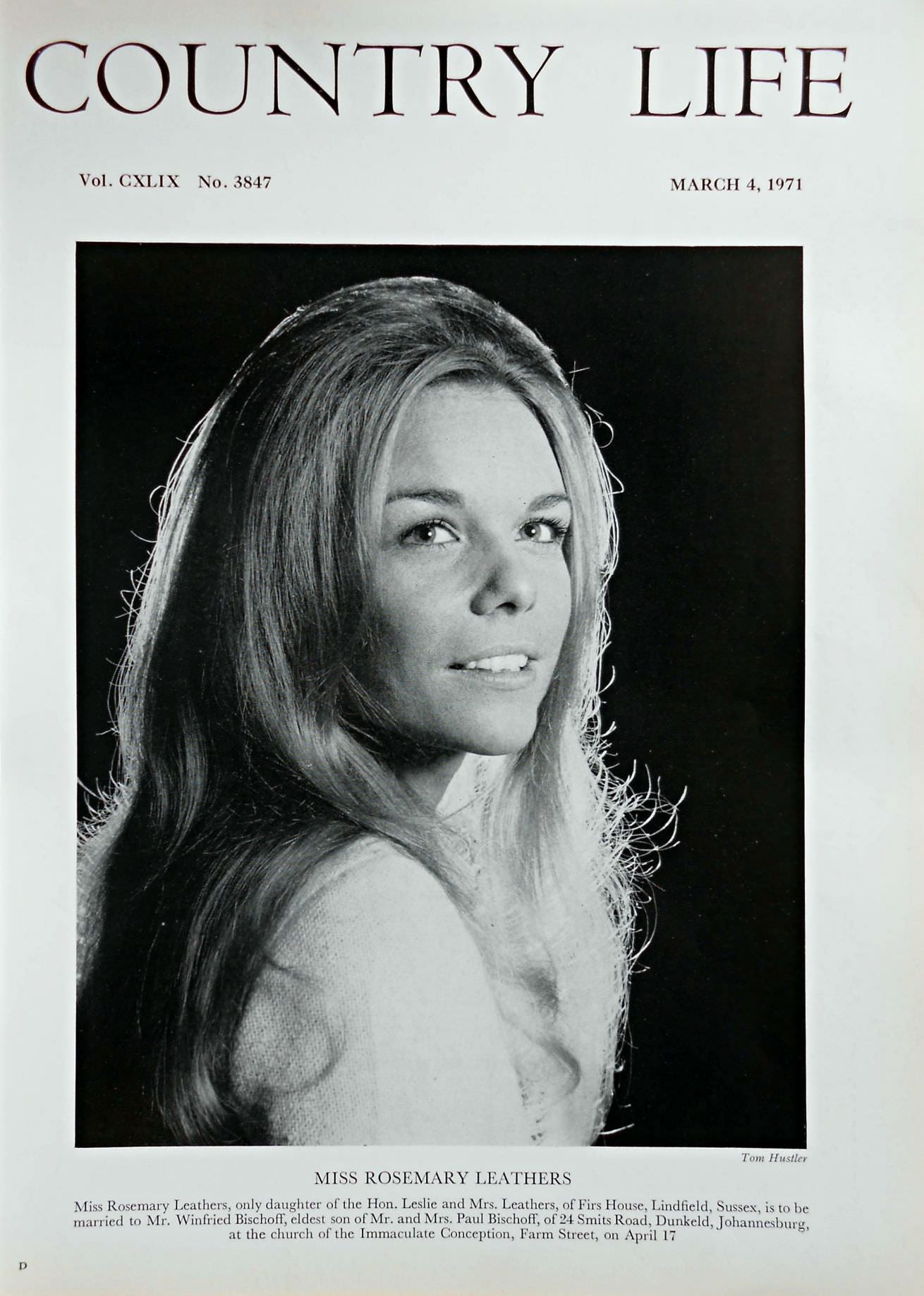 Miss Rosemary Leathers Country Life Magazine Portrait March 4, 1971 Vol. CXLIX No. 3847