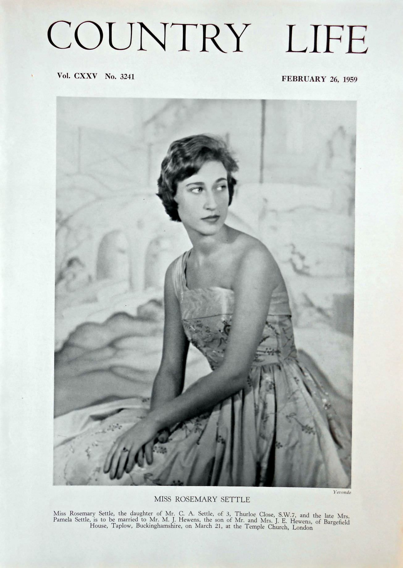 Miss Rosemary Settle Country Life Magazine Portrait February 26, 1959 Vol. CXXV No. 3241