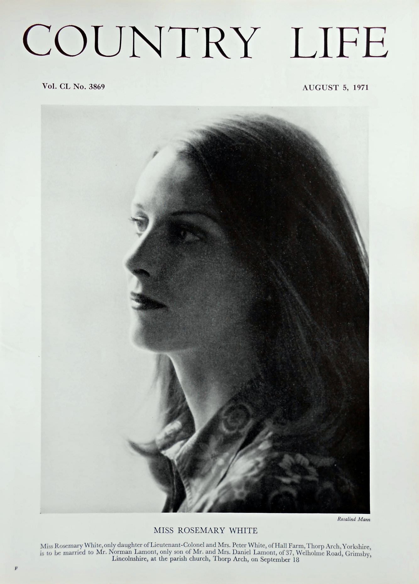 Miss Rosemary White Country Life Magazine Portrait August 5, 1971 Vol. CL No. 3869