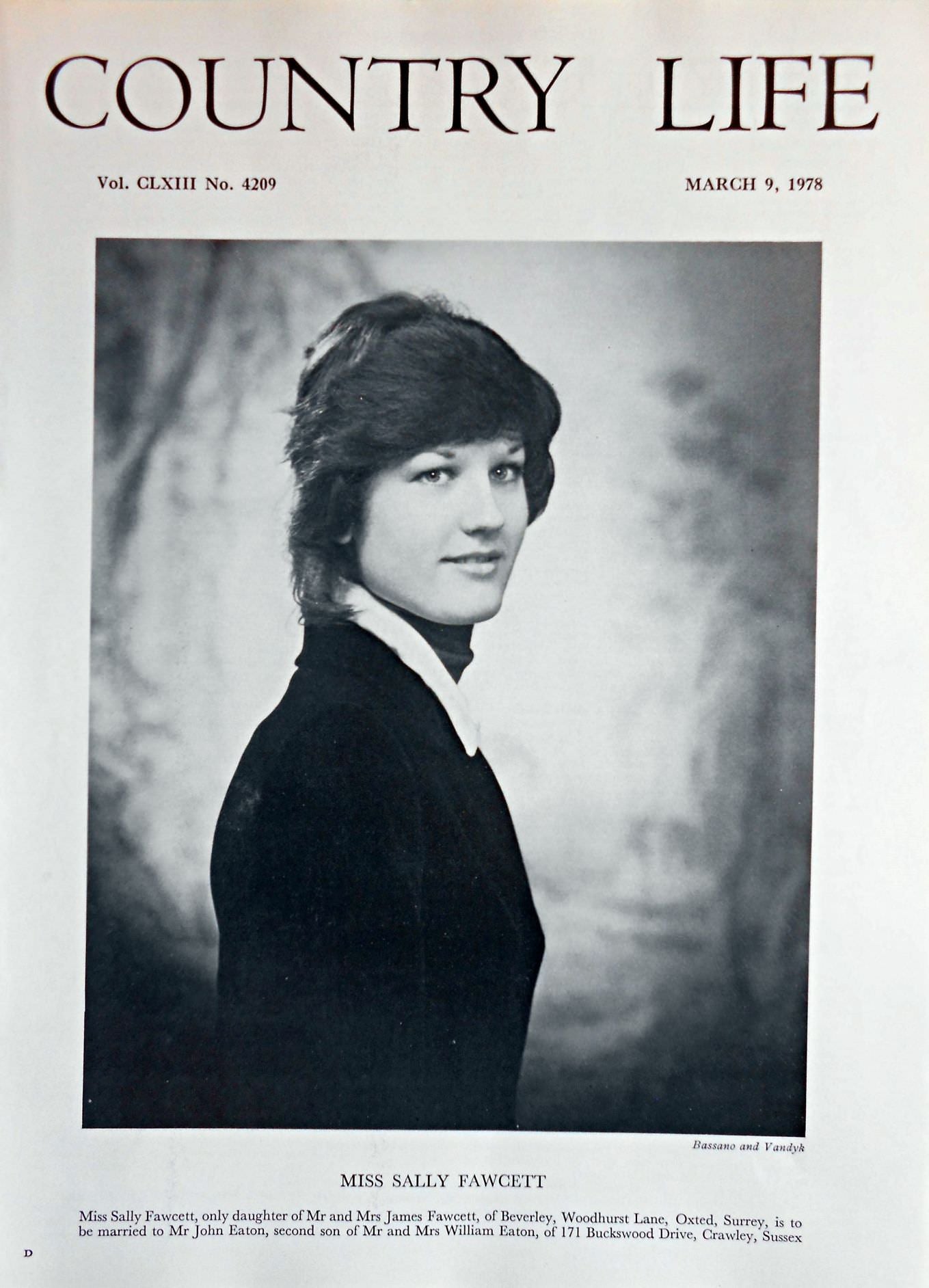 Miss Sally Fawcett Country Life Magazine Portrait March 9, 1978 Vol. CLXIII No. 4209