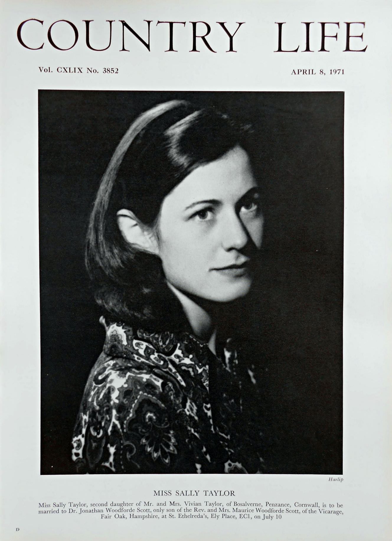Miss Sally Taylor Country Life Magazine Portrait April 8, 1971 Vol. CXLIX No. 3852