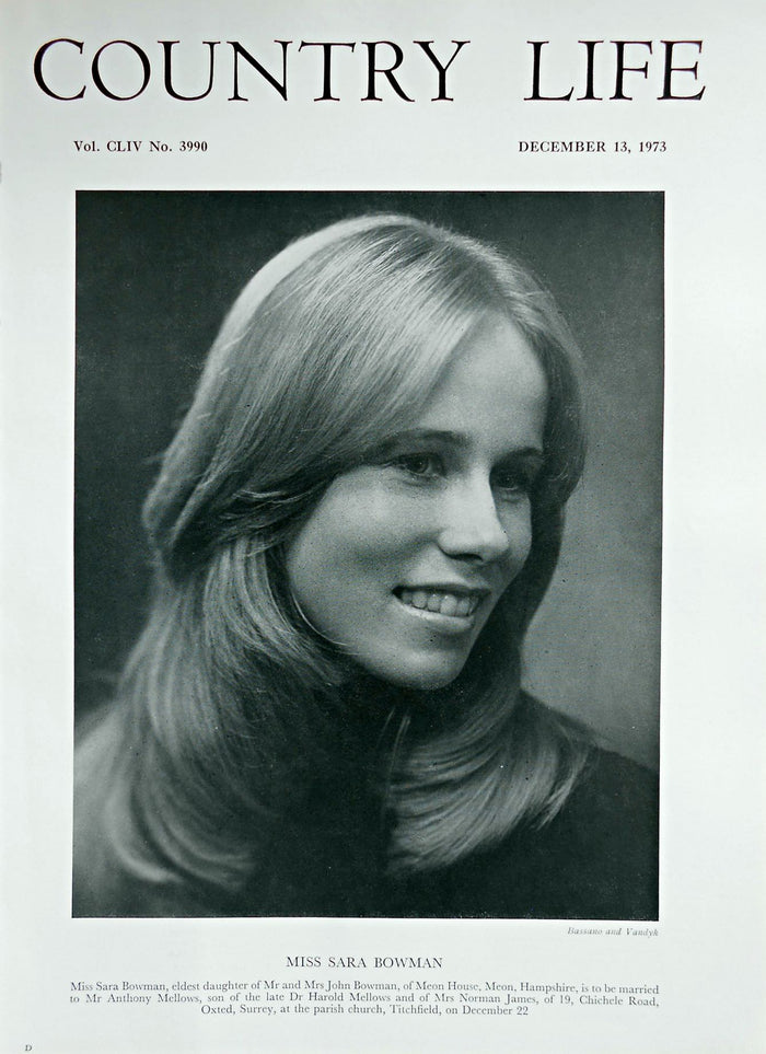 Miss Sara Bowman Country Life Magazine Portrait December 13, 1973 Vol. CLIV No. 3990