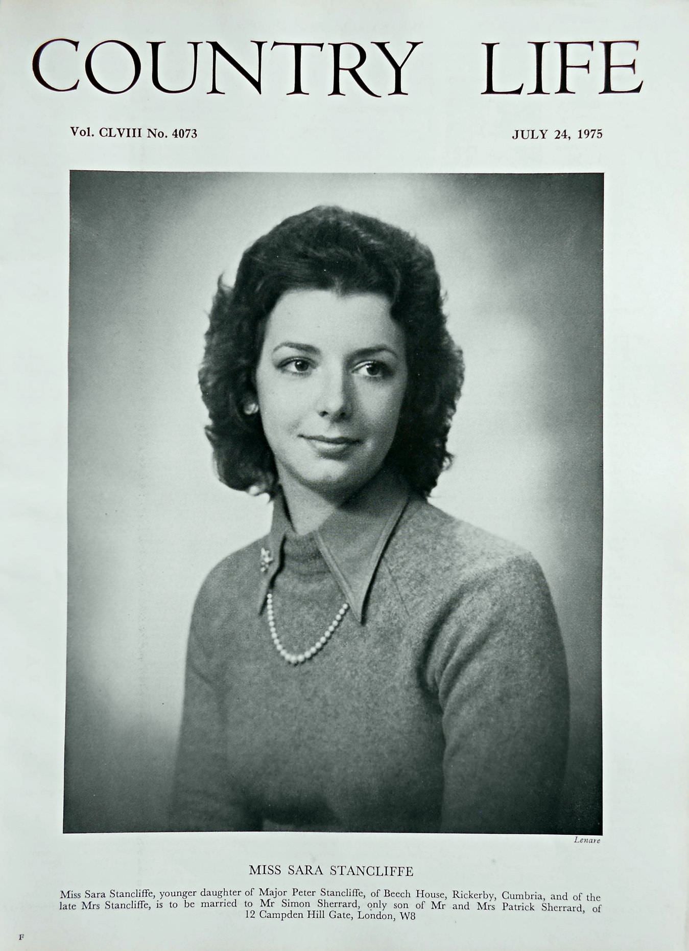 Miss Sara Stancliffe Country Life Magazine Portrait July 24, 1975 Vol. CLVIII No. 4073 - Copy