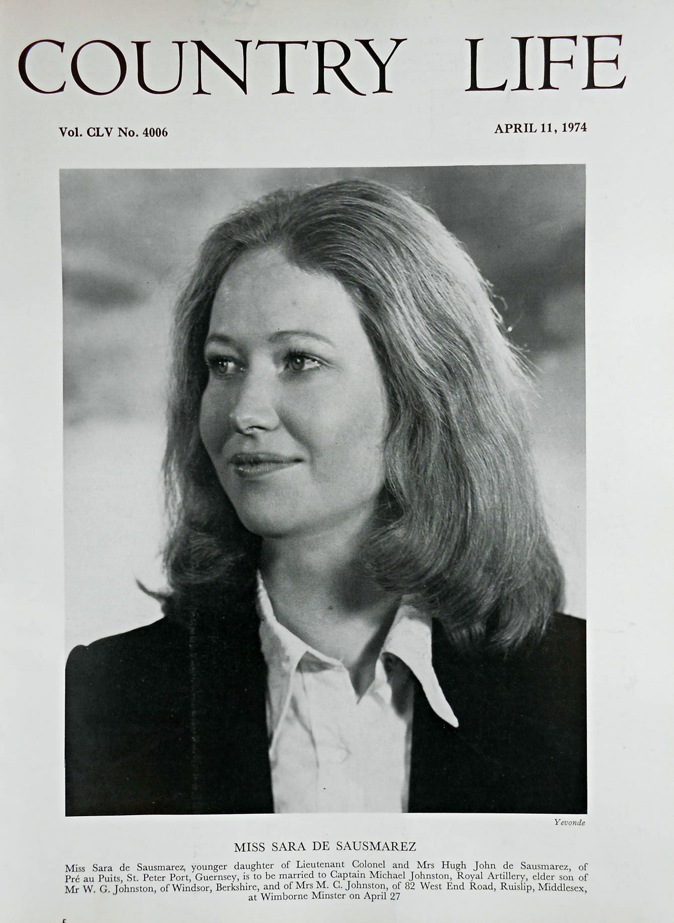 Miss Sara de Sausmarez Country Life Magazine Portrait April 11, 1974 Vol. CLV No. 4006