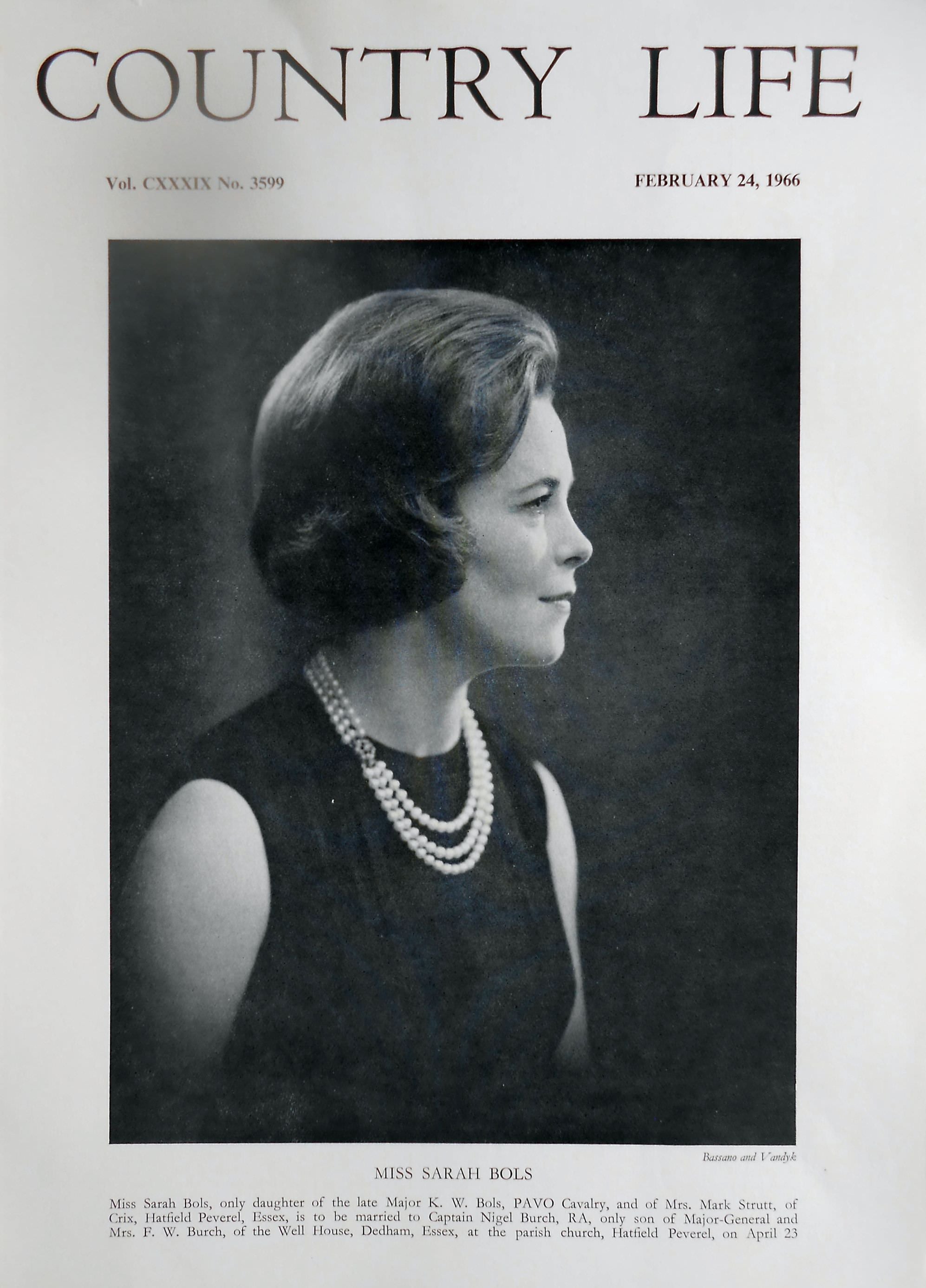 Miss Sarah Bols Country Life Magazine Portrait February 24, 1966 Vol. CXXXIX No. 3599