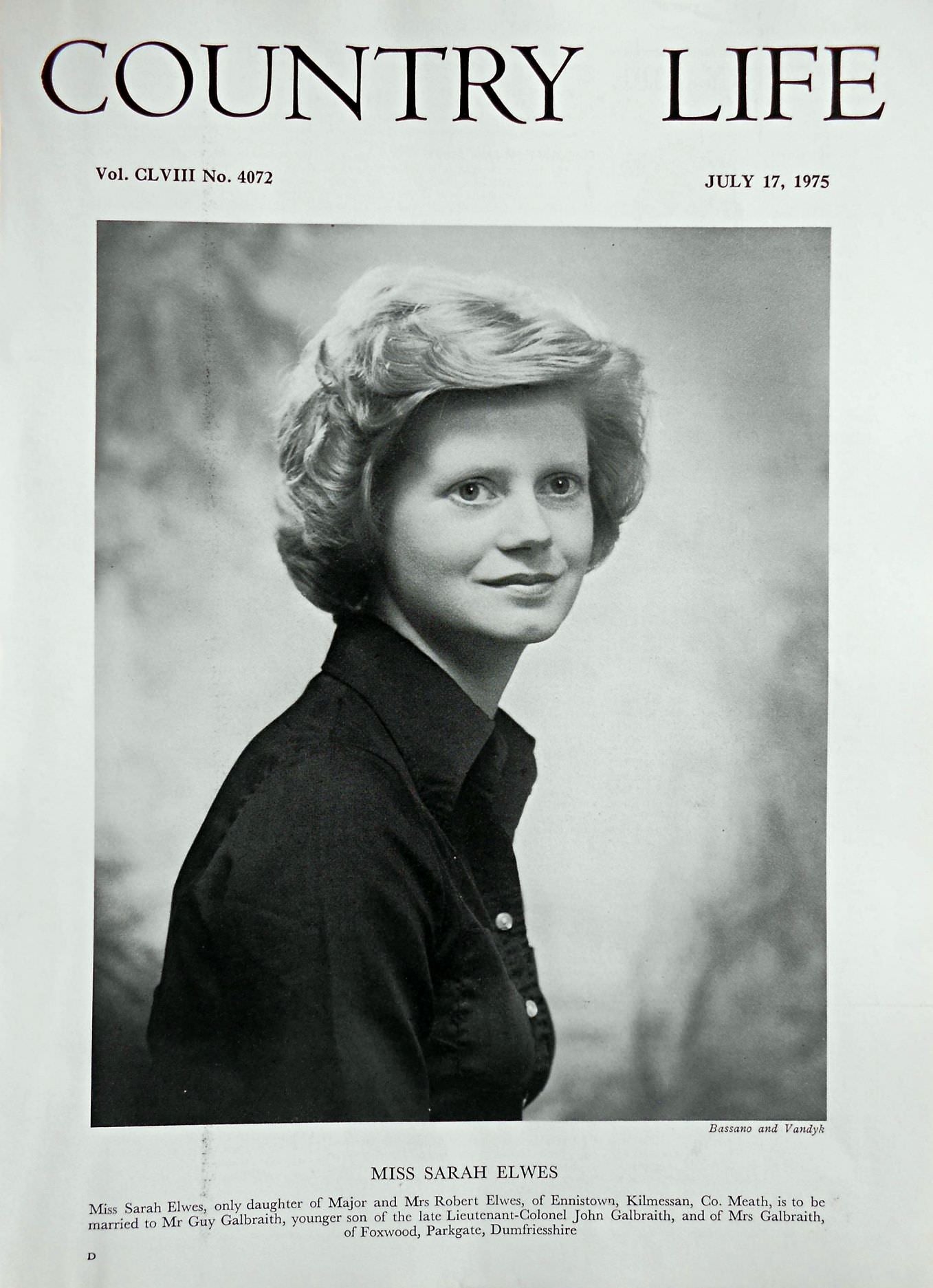 Miss Sarah Elwes Country Life Magazine Portrait July 17, 1975 Vol. CLVIII No. 4072 - Copy