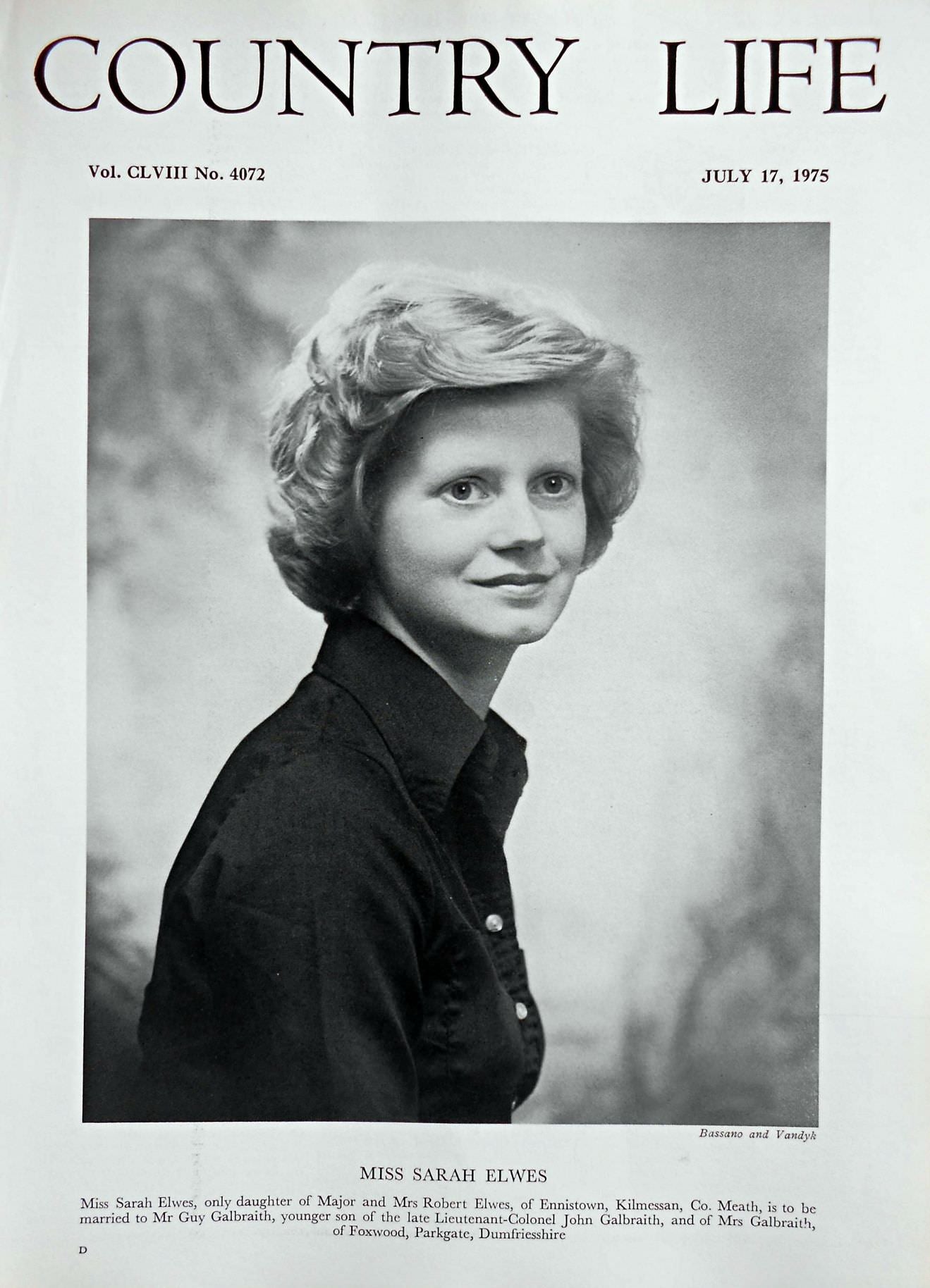 Miss Sarah Elwes Country Life Magazine Portrait July 17, 1975 Vol. CLVIII No. 4072