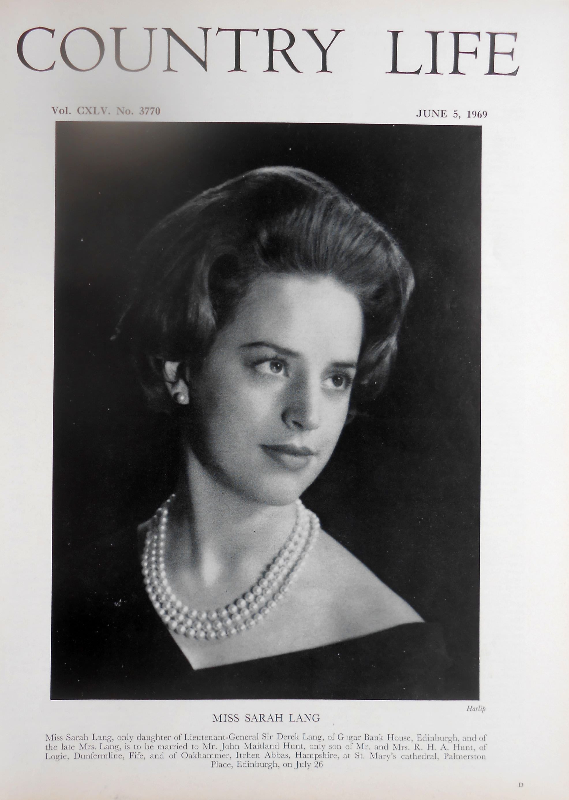 Miss Sarah Lang Country Life Magazine Portrait June 5, 1969 Vol. CXLV No. 3770