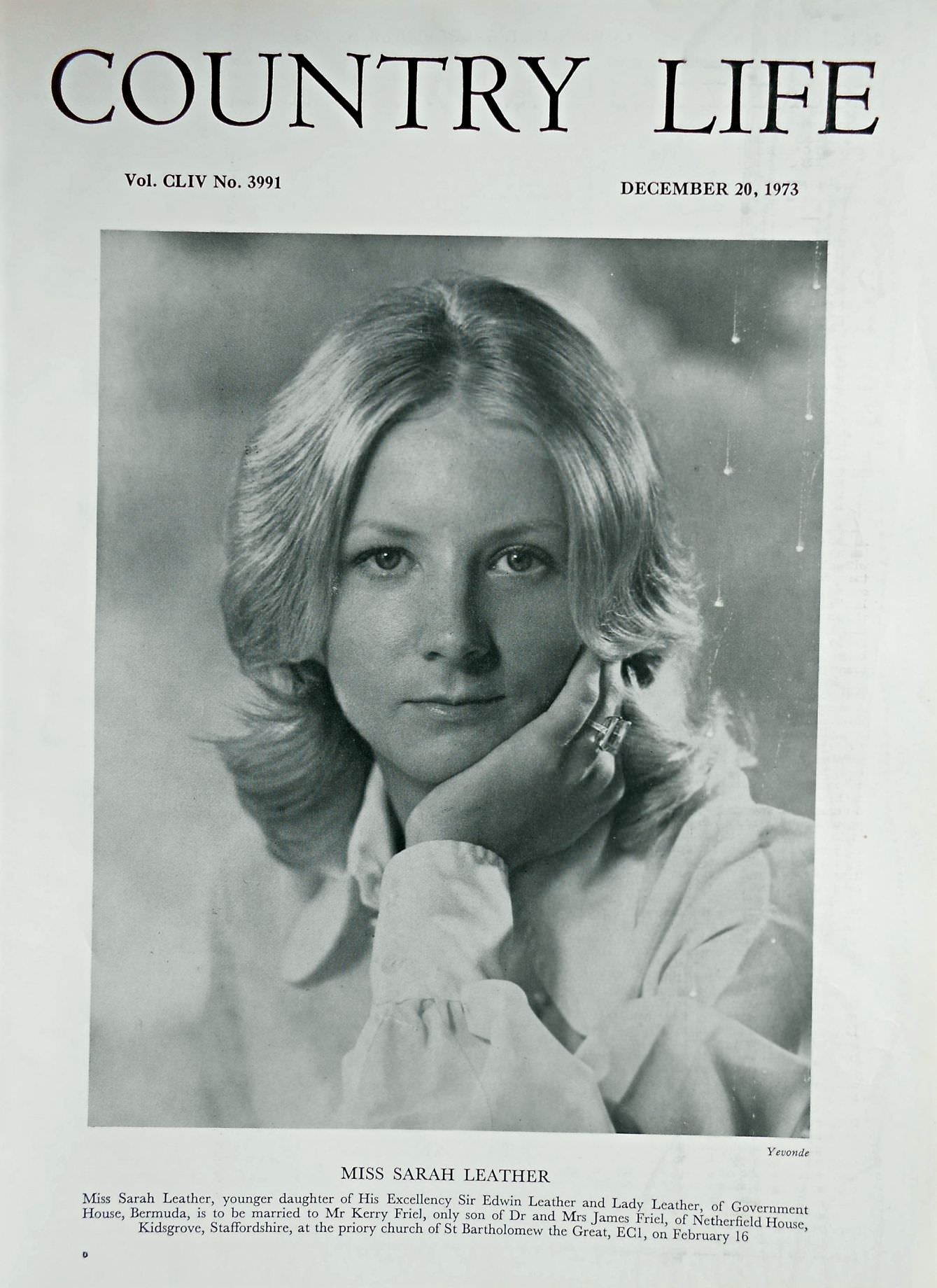 Miss Sarah Leather Country Life Magazine Portrait December 20, 1973 Vol. CLIV No. 3991 - Copy