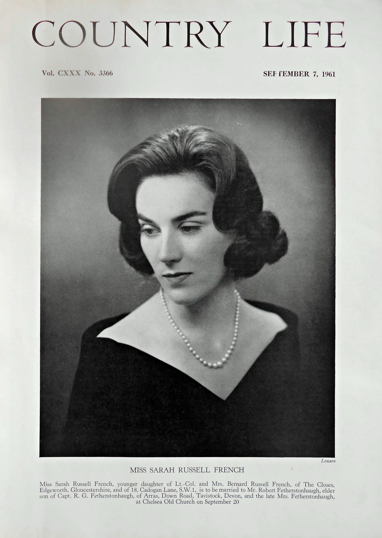Miss Sarah Russell French Country Life Magazine Portrait September 7, 1961 Vol. CXXX No. 3366
