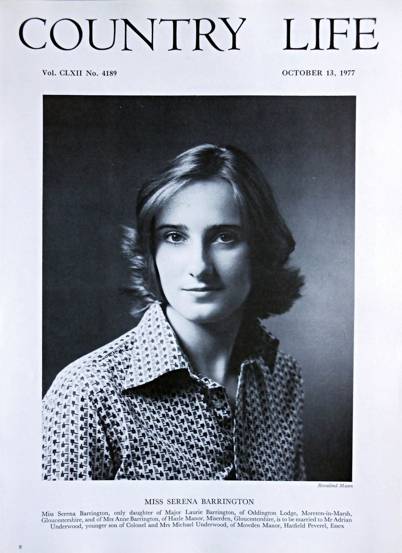 Miss Serena Barrington Country Life Magazine Portrait October 13, 1977 Vol. CLXII No. 4189 - Copy