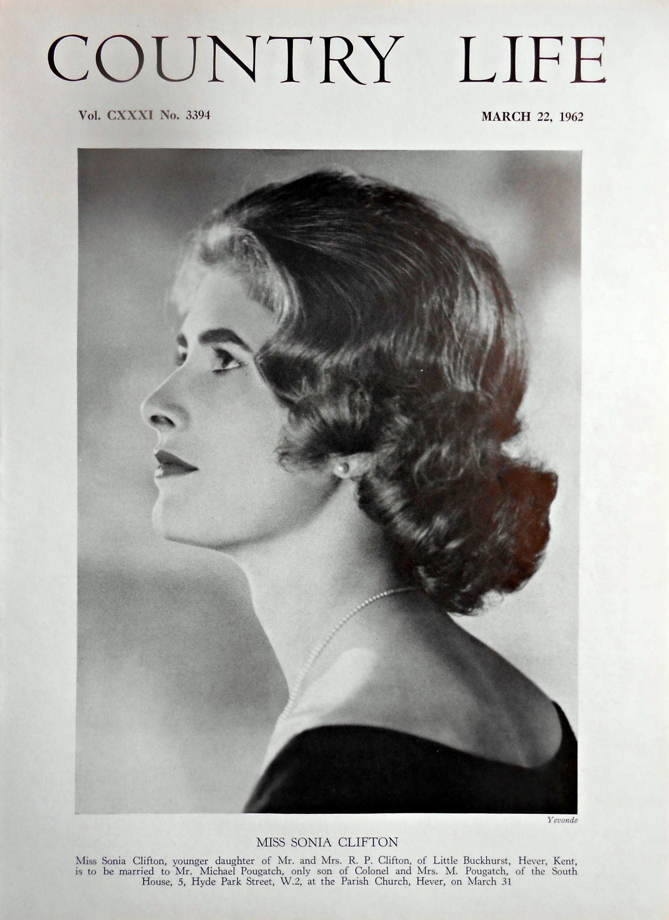Miss Sonia Clifton Country Life Magazine Portrait March 22, 1962 Vol. CXXXI No. 3394 - Copy