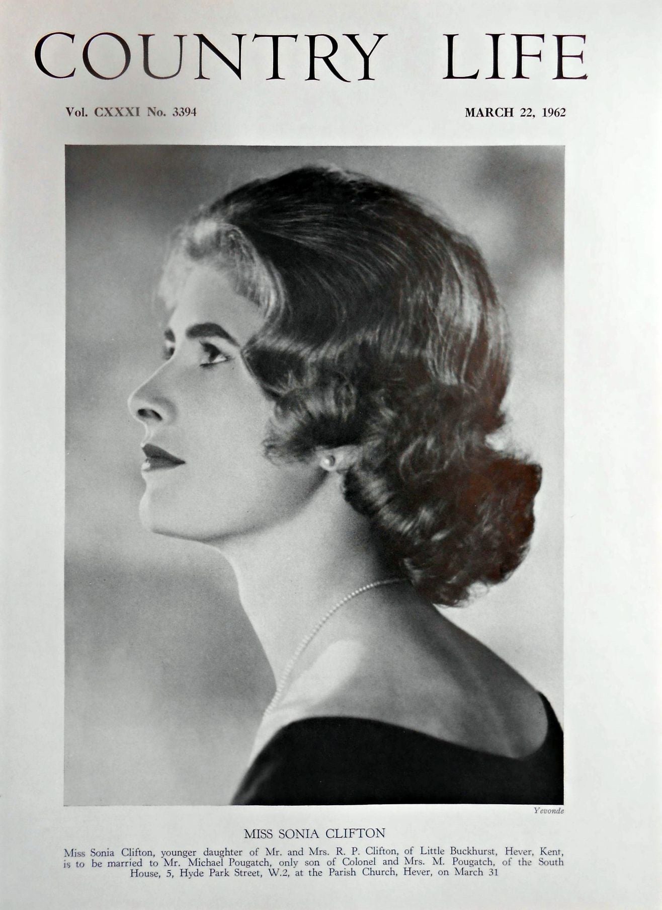 Miss Sonia Clifton Country Life Magazine Portrait March 22, 1962 Vol. CXXXI No. 3394