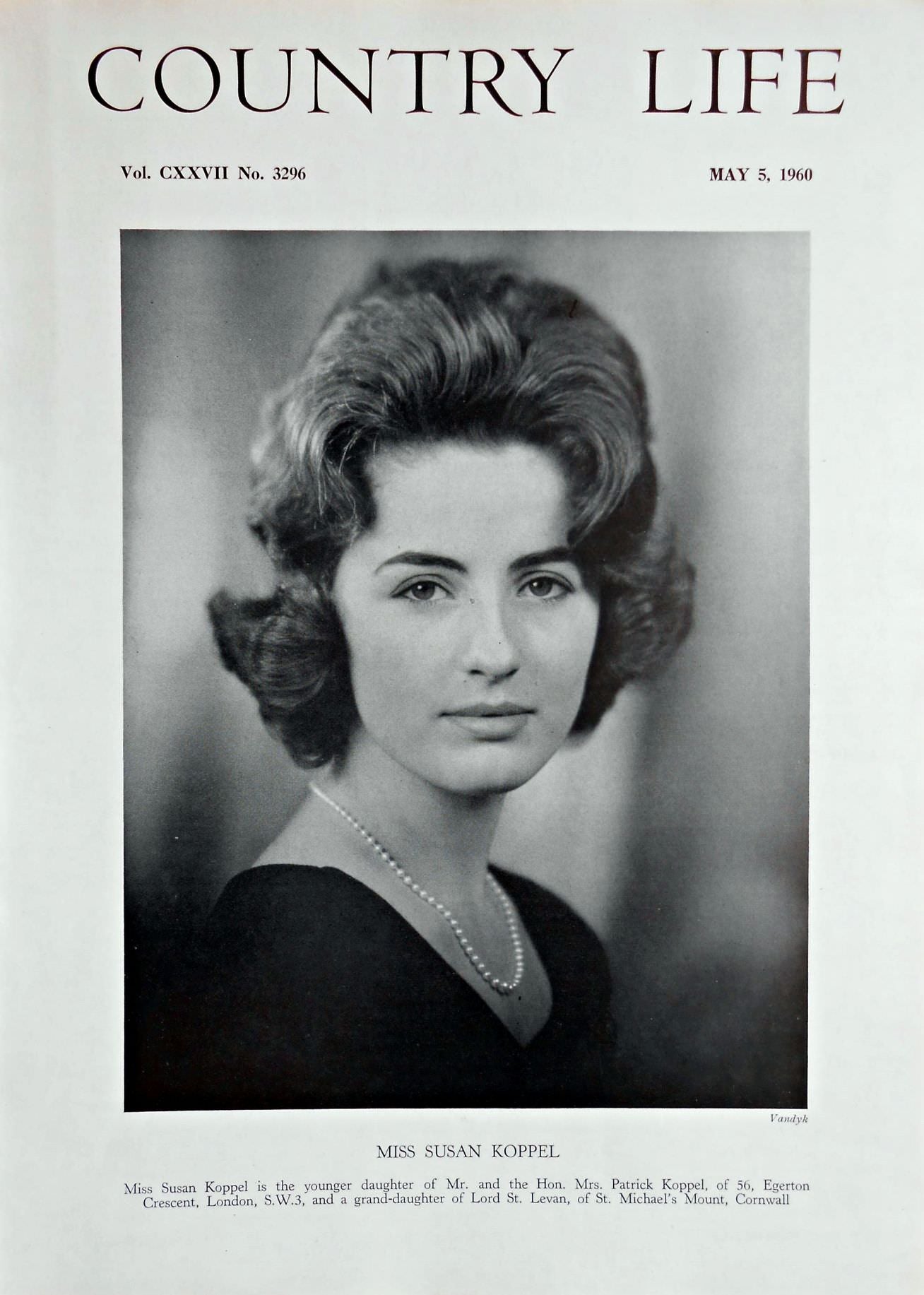 Miss Susan Koppel Country Life Magazine Portrait May 5, 1960 Vol. CXXVII No. 3296