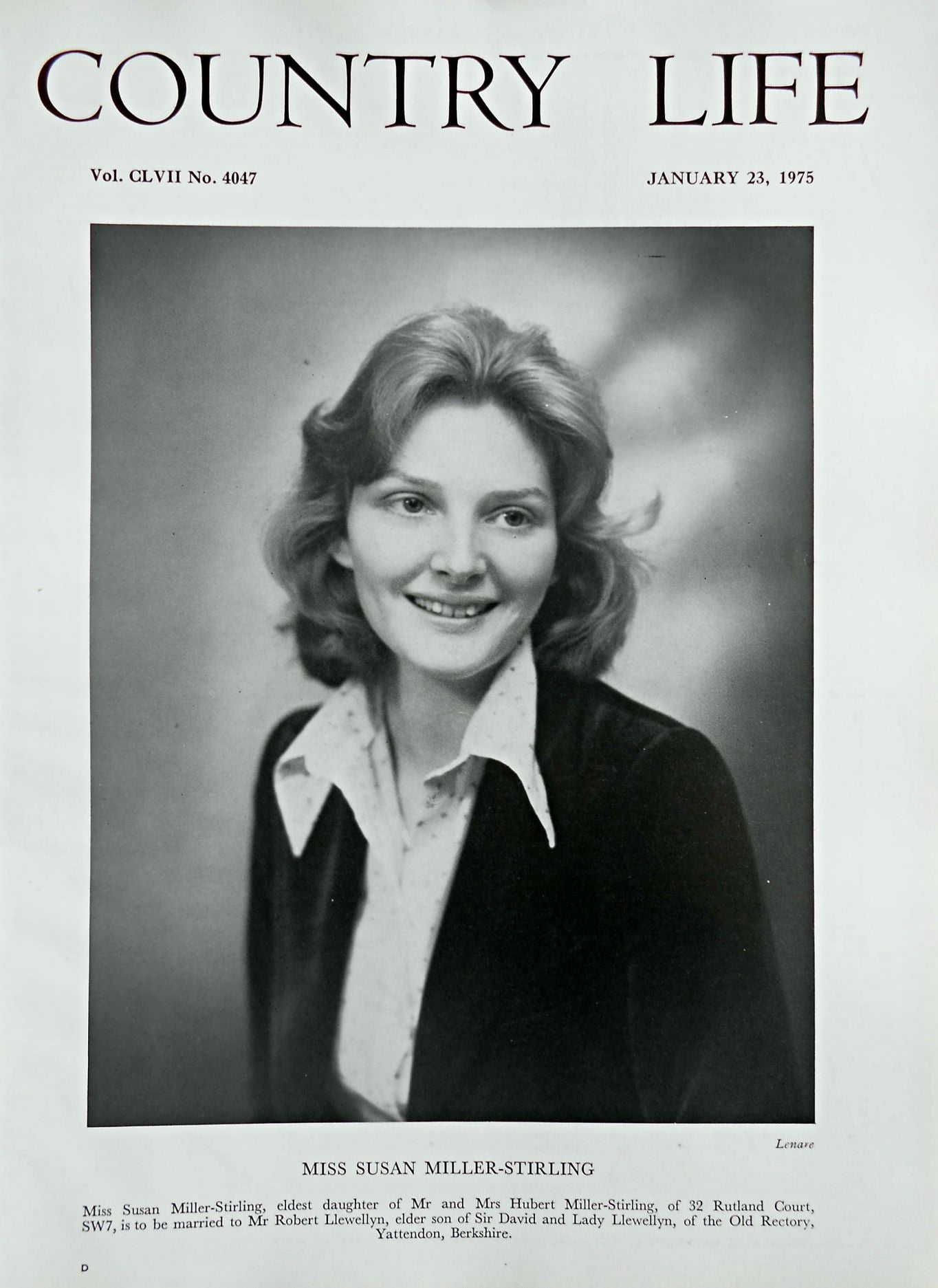 Miss Susan Miller-Stirling Country Life Magazine Portrait January 23, 1975 Vol. CLVII No. 4047