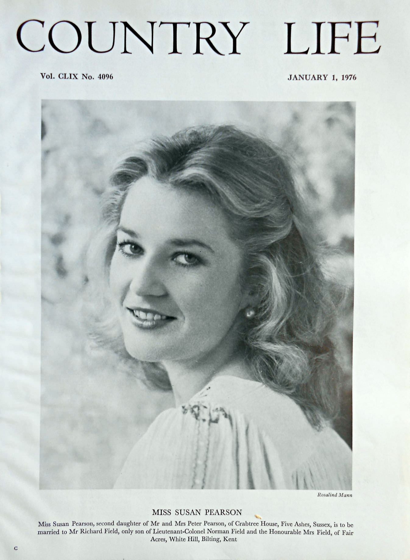Miss Susan Pearson Country Life Magazine Portrait January 1, 1976 Vol. CLIX No. 4096