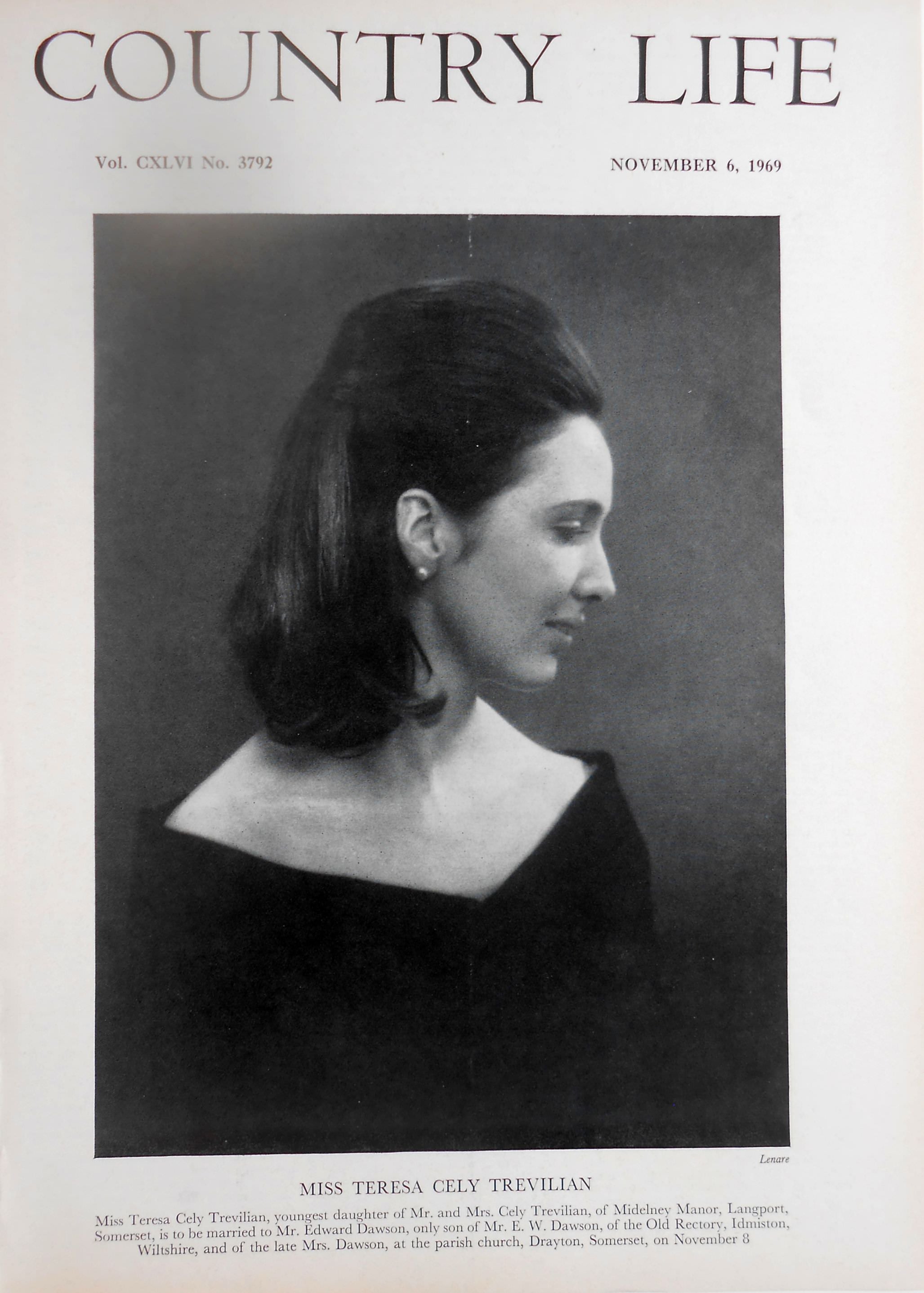 Miss Teresa Cely Trevilian Country Life Magazine Portrait November 6, 1969 Vol. CXLVI No. 3792