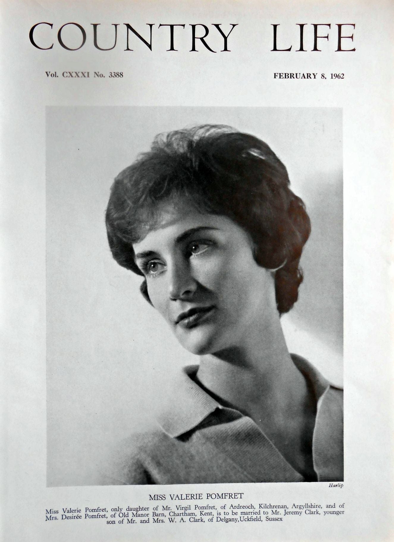 Miss Valerie Pomfret Country Life Magazine Portrait February 8, 1962 Vol. CXXXI No. 3388