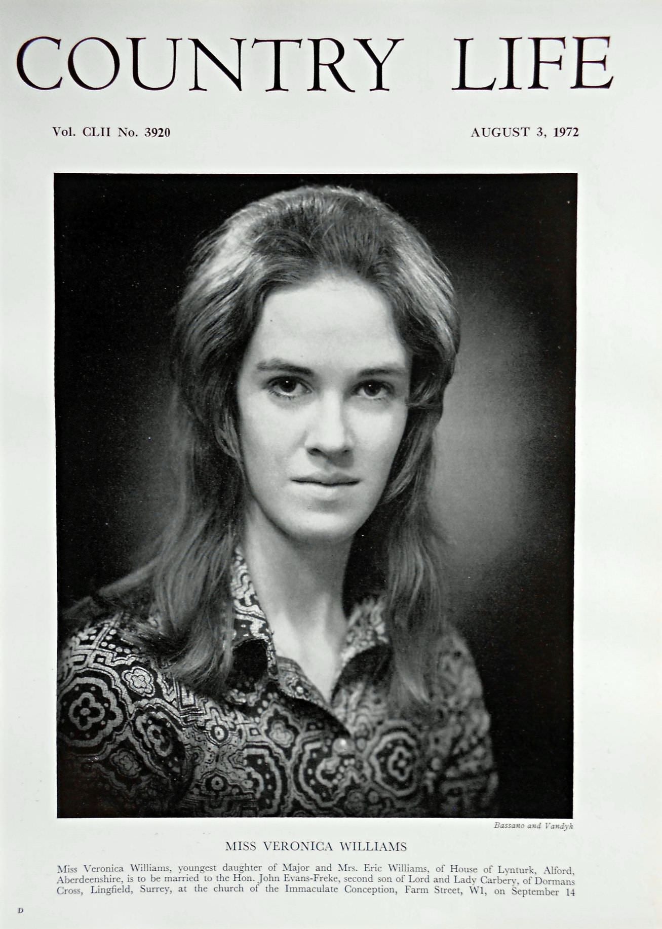 Miss Veronica Williams Country Life Magazine Portrait August 3, 1972 Vol. CLII No. 3920