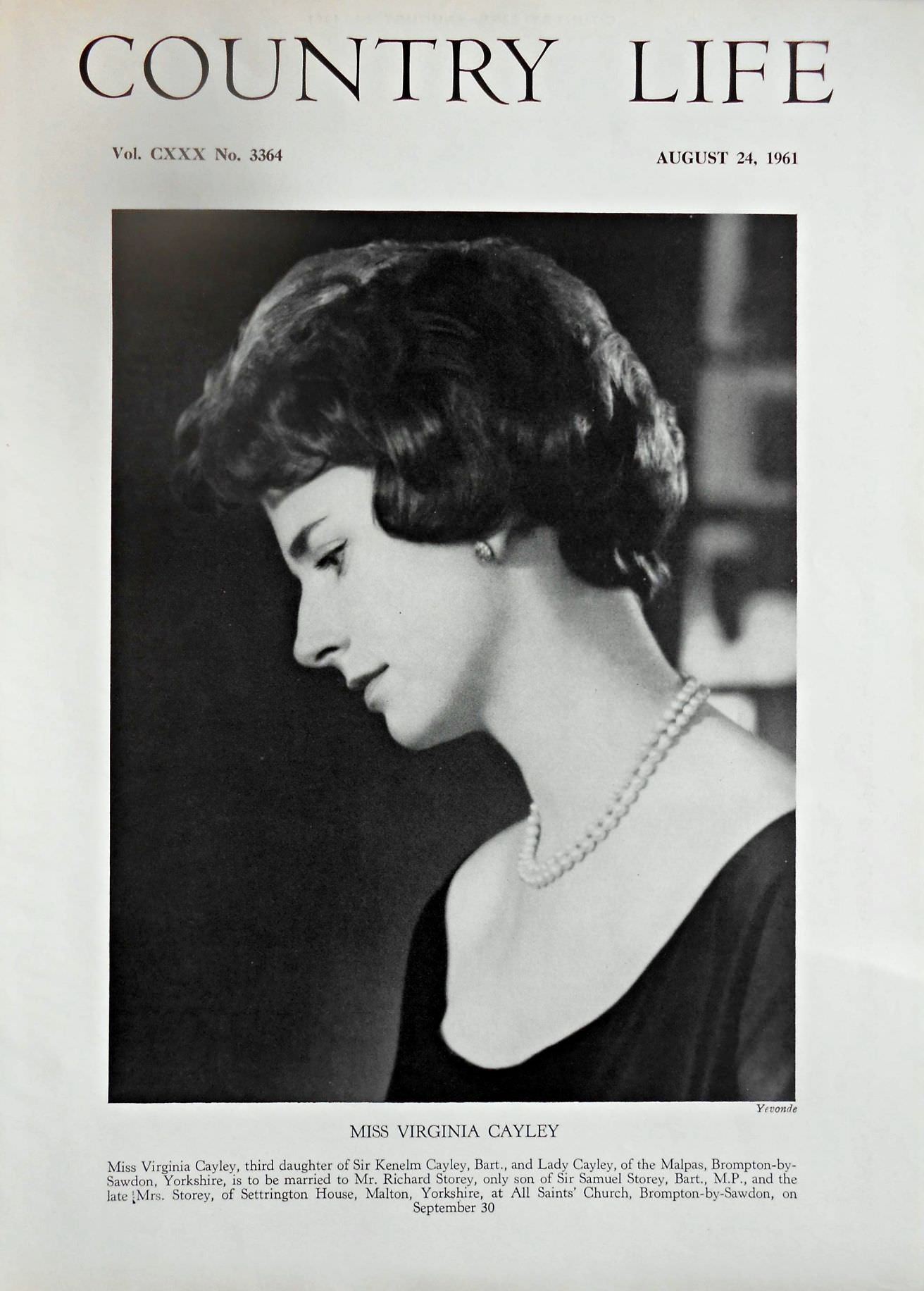 Miss Virginia Cayley Country Life Magazine Portrait August 24, 1961 Vol. CXXX No. 3364