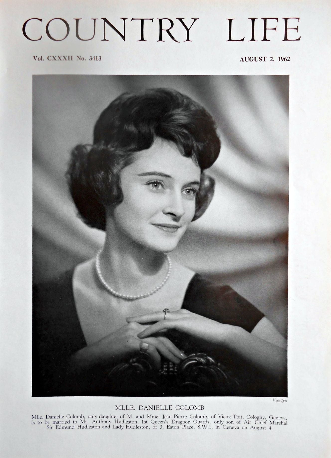 Mlle. Danielle Colomb Country Life Magazine Portrait August 2, 1962 Vol. CXXXII No. 3413