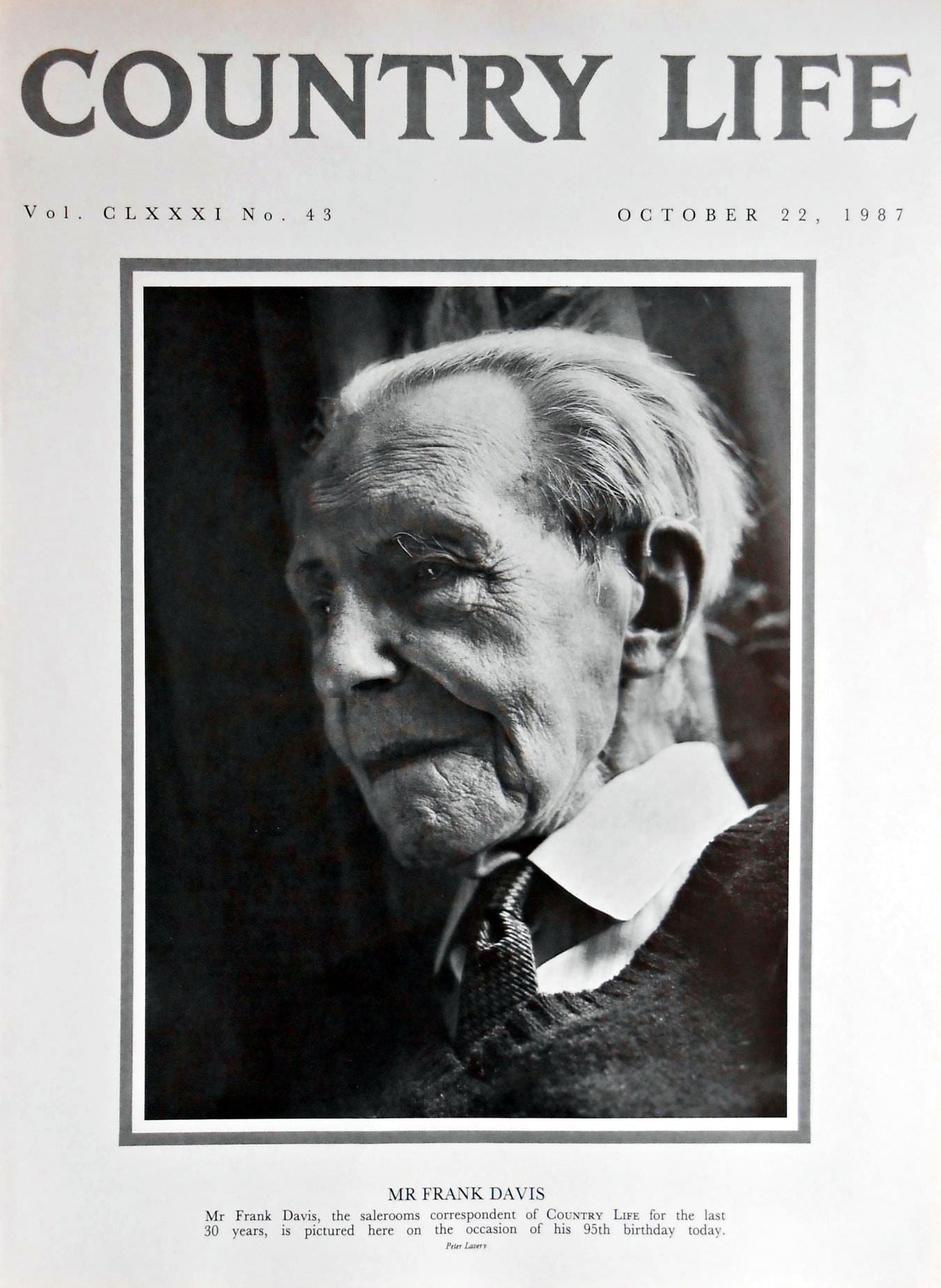 Mr Frank Davis Country Life Magazine Portrait October 22, 1987 Vol. CLXXXI No. 43