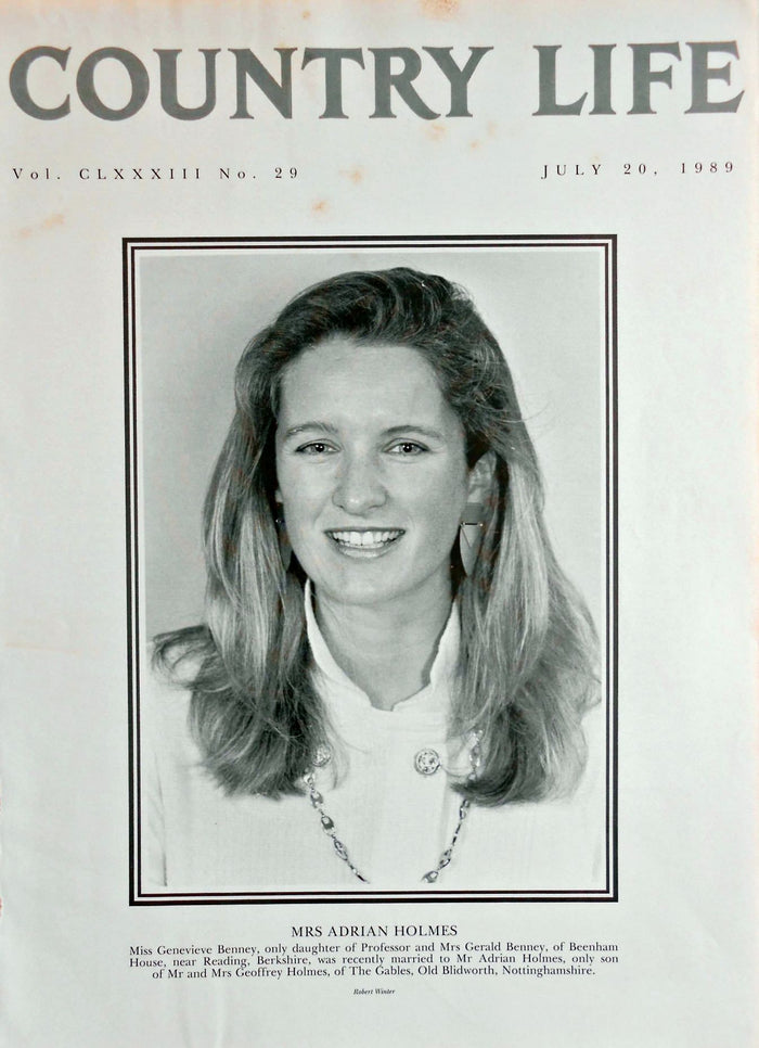 Mrs Adrian Holmes, Miss Genevieve Benney Country Life Magazine Portrait July 20, 1989 Vol. CLXXXIII No. 29