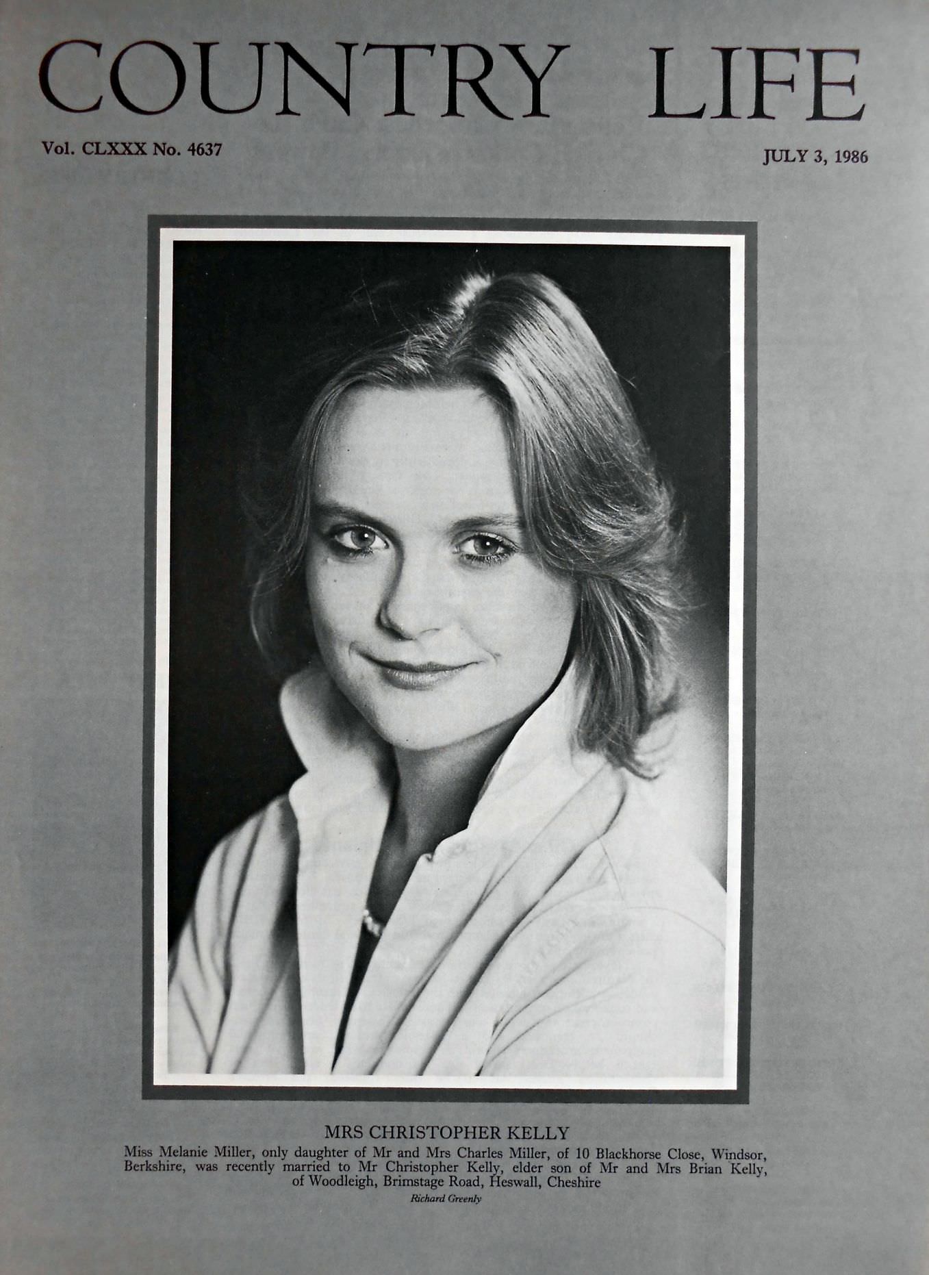 Mrs Christopher Kelly, Miss Melanie Miller Country Life Magazine Portrait July 3, 1986 Vol. CLXXX No. 4637