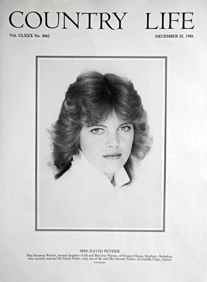 Mrs David Pether. Miss Rozanna Warner Country Life Magazine Portrait December 25, 1986 Vol. CLXXX No. 4662