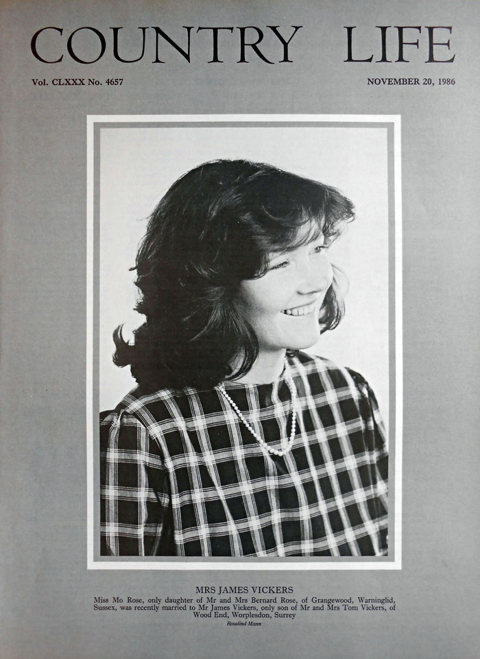 Mrs James Vickers. Miss Mo Rose Country Life Magazine Portrait November 20, 1986 Vol. CLXXX No. 4657