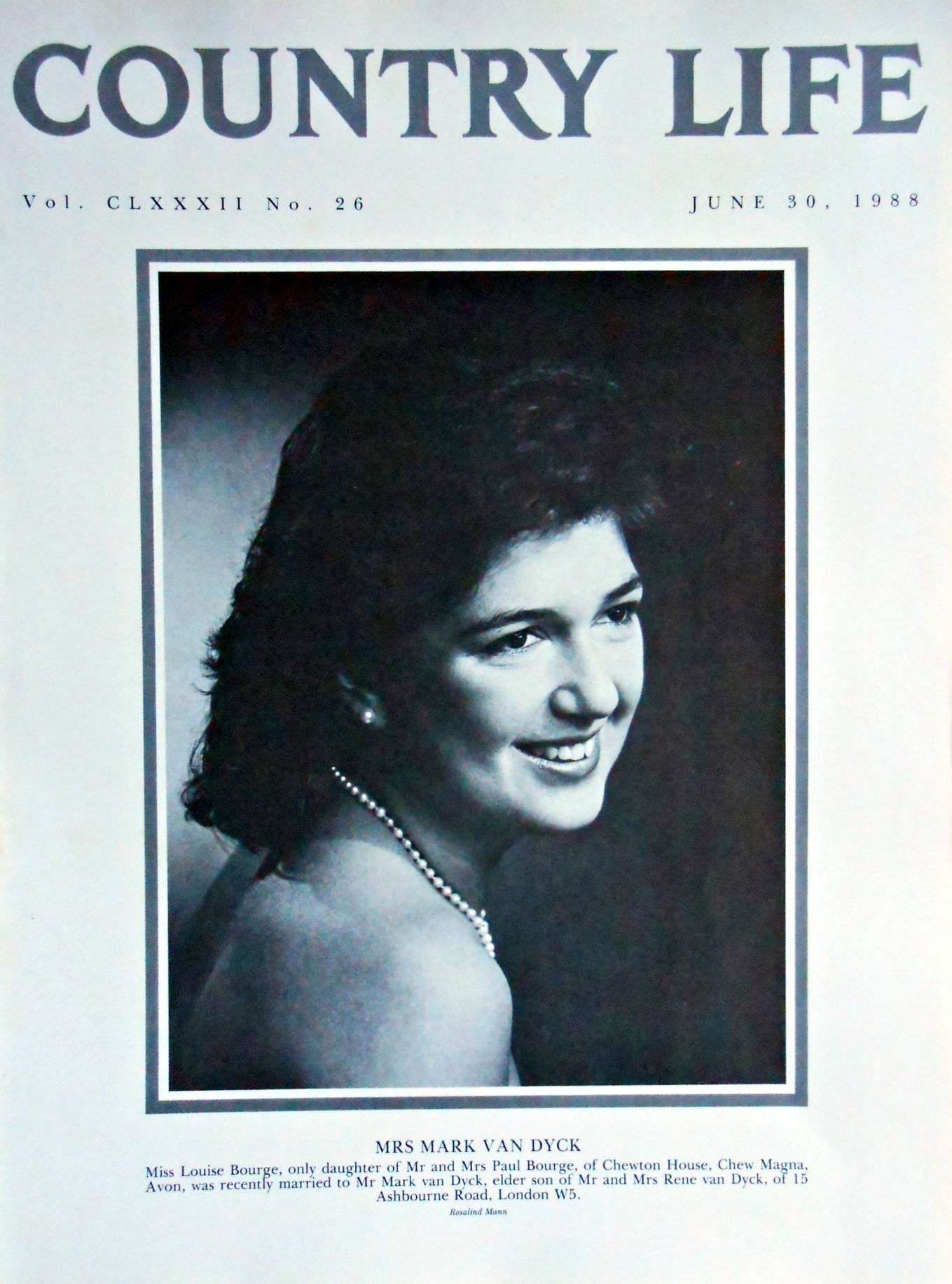 Mrs Mark Van Dyck, Miss Louise Bourge Country Life Magazine Portrait June 30, 1988 Vol. CLXXXII No. 26