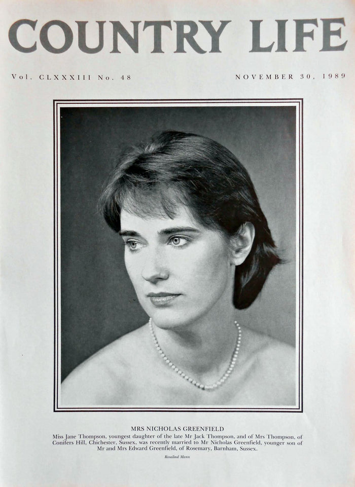 Mrs Nicholas Greenfield, Miss Jane Thompson Country Life Magazine Portrait November 30, 1989 Vol. CLXXXIII No. 48
