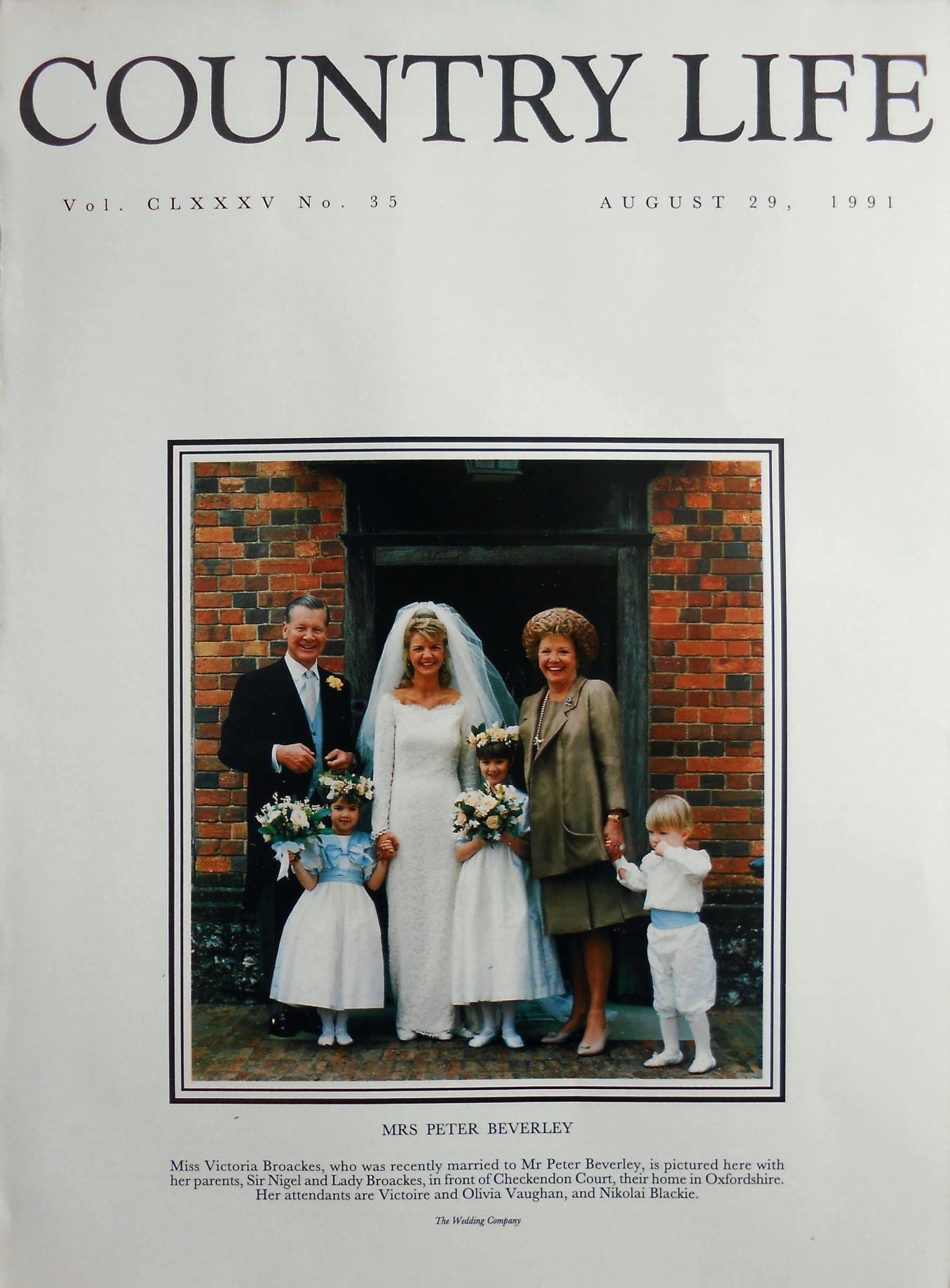 Mrs Peter Beverley, Miss Victoria Broackes Country Life Magazine Portrait August 29, 1991 Vol. CLXXXV No. 35