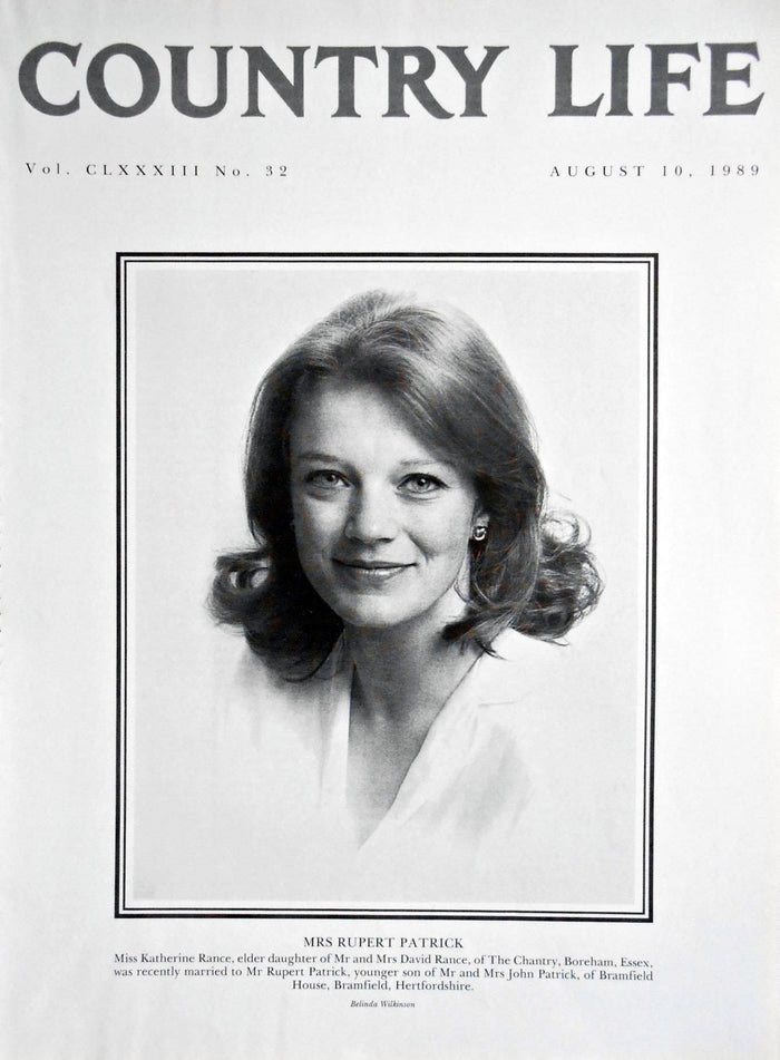 Mrs Rupert Patrick, Miss Katherine Rance Country Life Magazine Portrait August 10, 1989 Vol. CLXXXIII No. 32