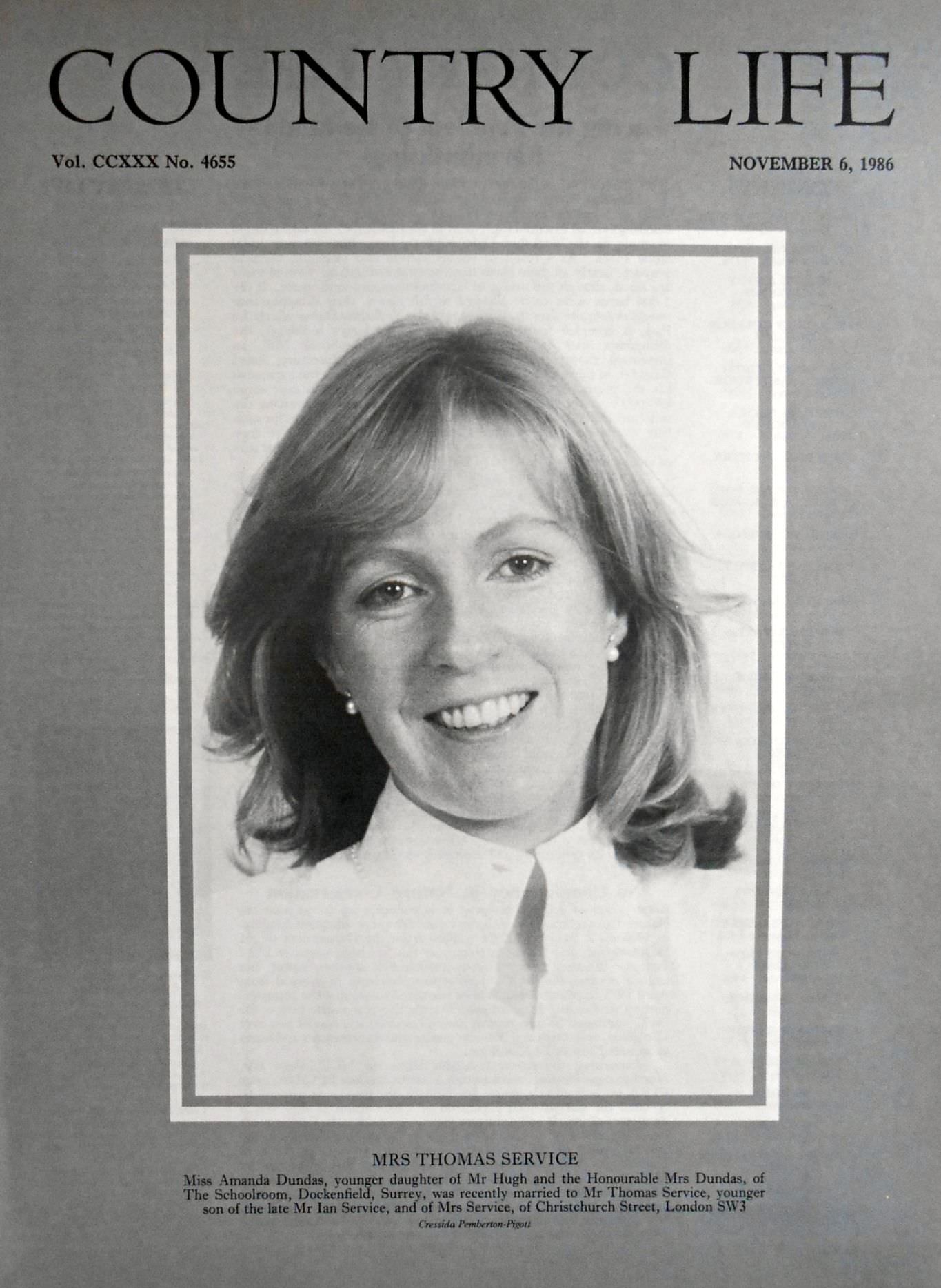 Mrs Thomas Service. Miss Amanda Dundas Country Life Magazine Portrait November 6, 1986 Vol. CLXXX No. 4655