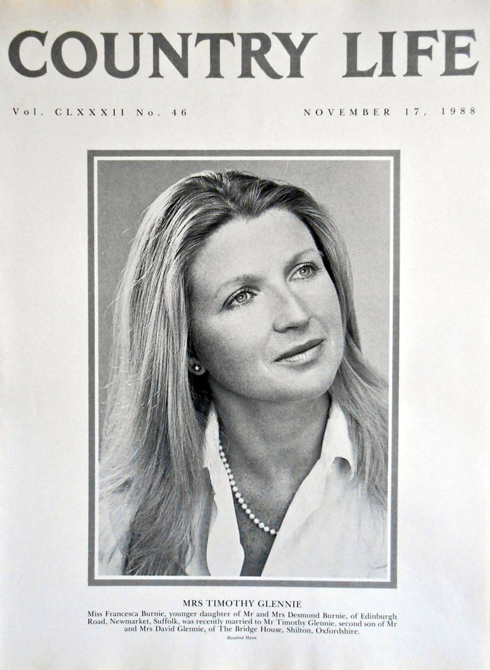 Mrs Timothy Glennie, Miss Francesca Burnie Country Life Magazine Portrait November 17, 1988 Vol. CLXXXII No. 46