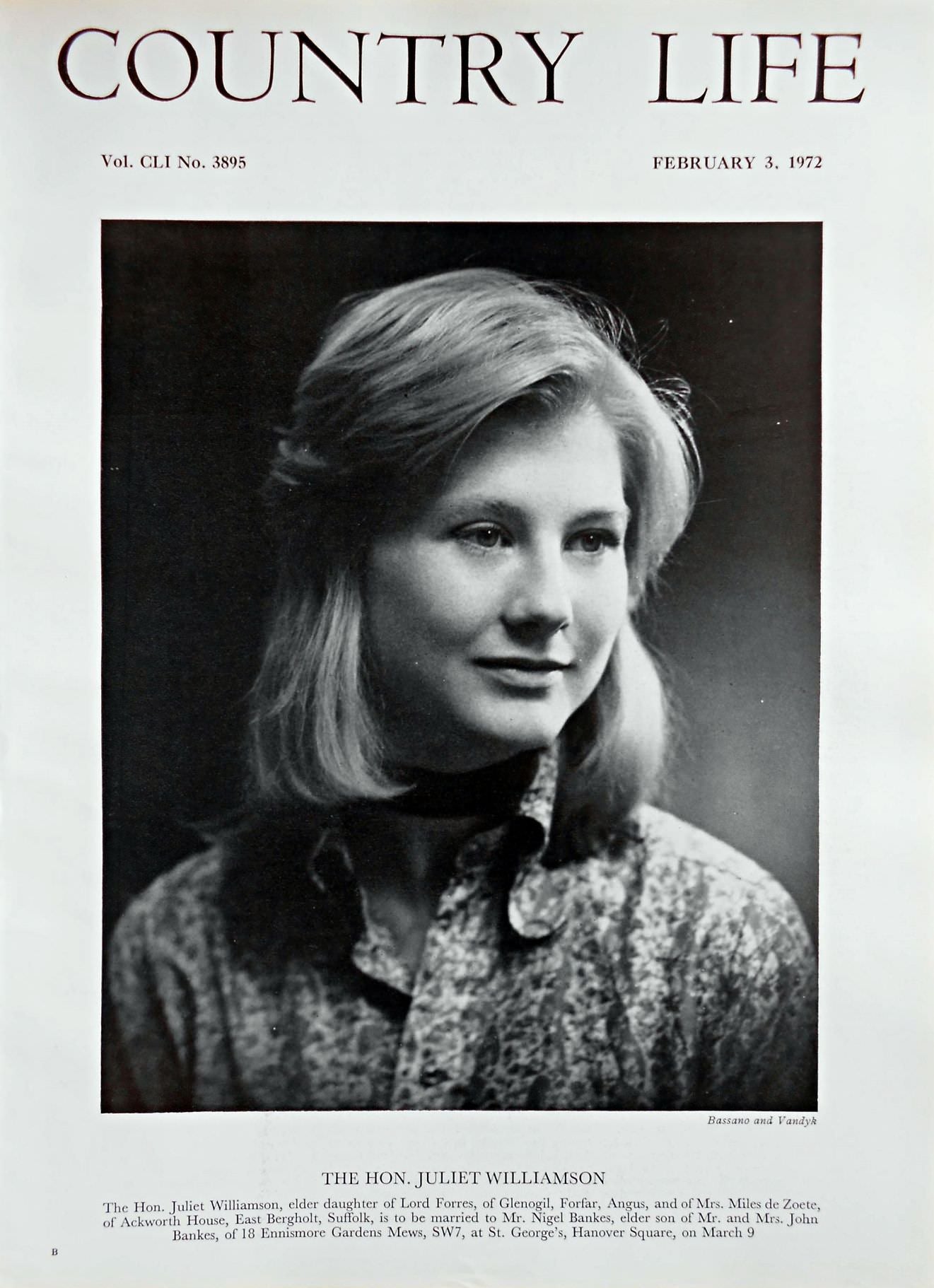 The Hon. Juliet Williamson Country Life Magazine Portrait February 3, 1972 Vol. CLI No. 3895 - Copy