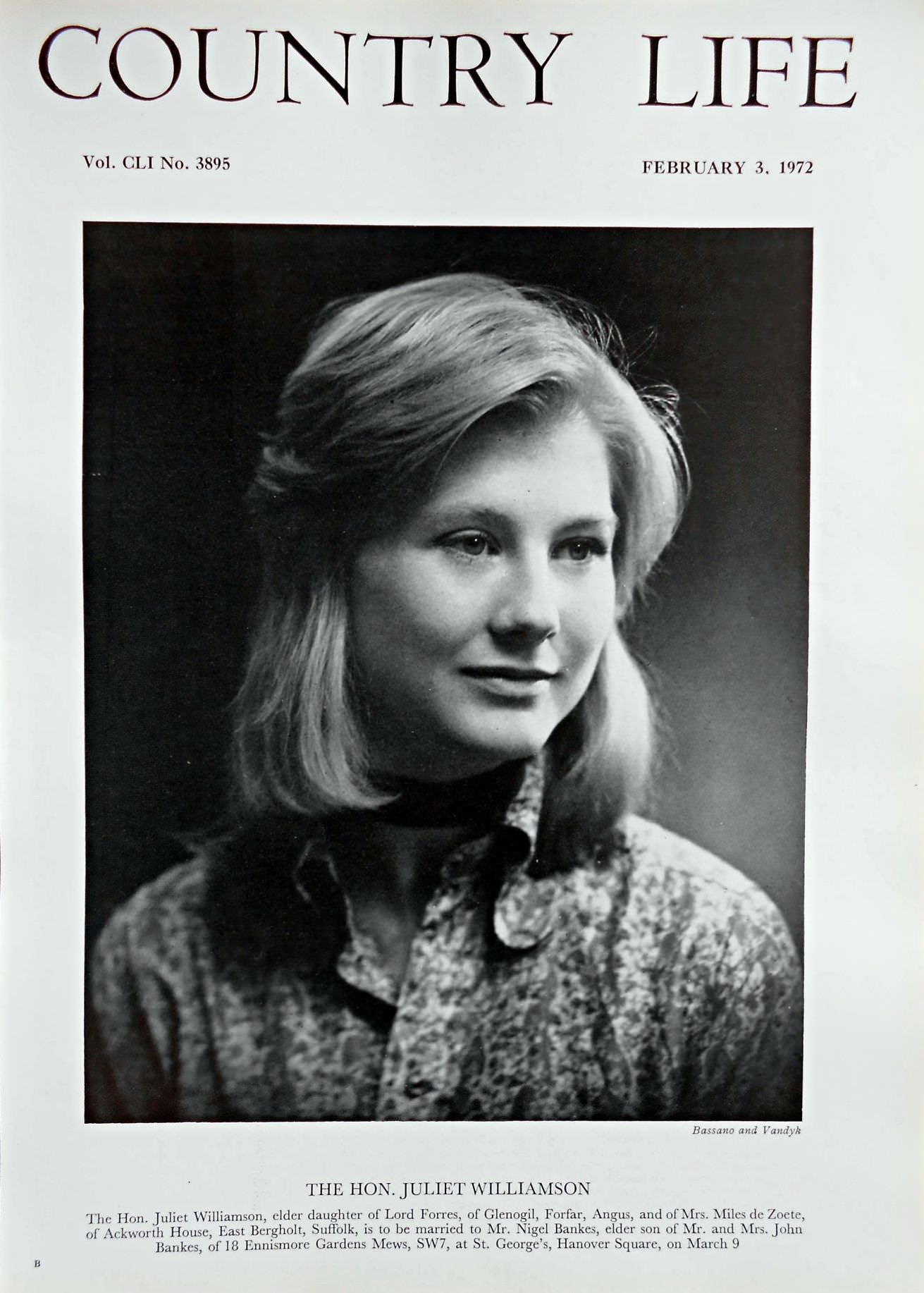 The Hon. Juliet Williamson Country Life Magazine Portrait February 3, 1972 Vol. CLI No. 3895