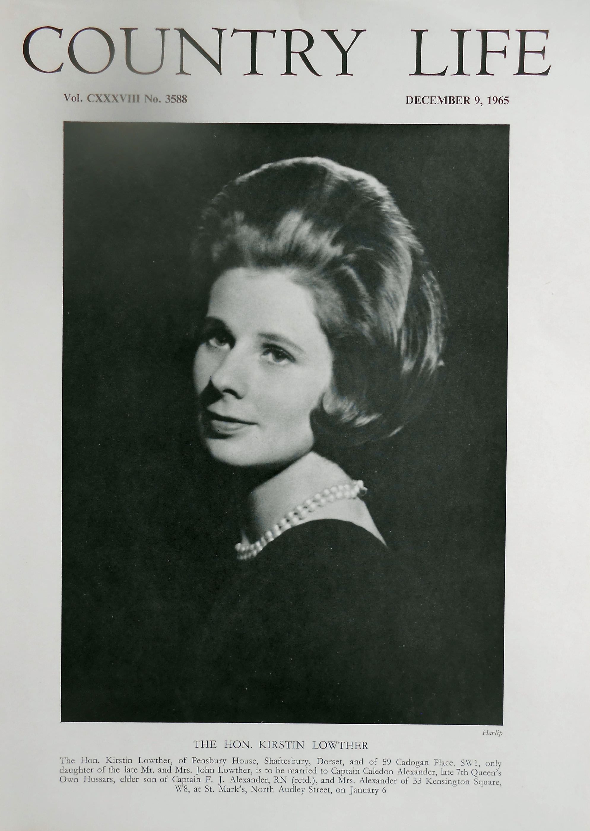 The Hon. Kirstin Lowther Country Life Magazine Portrait December 9, 1966 Vol. CXXXVIII No. 3588
