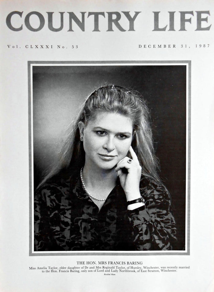 The Hon. Mrs Francis Baring, Miss Amelia Taylor Country Life Magazine Portrait December 31, 1987 Vol. CLXXXI No. 53
