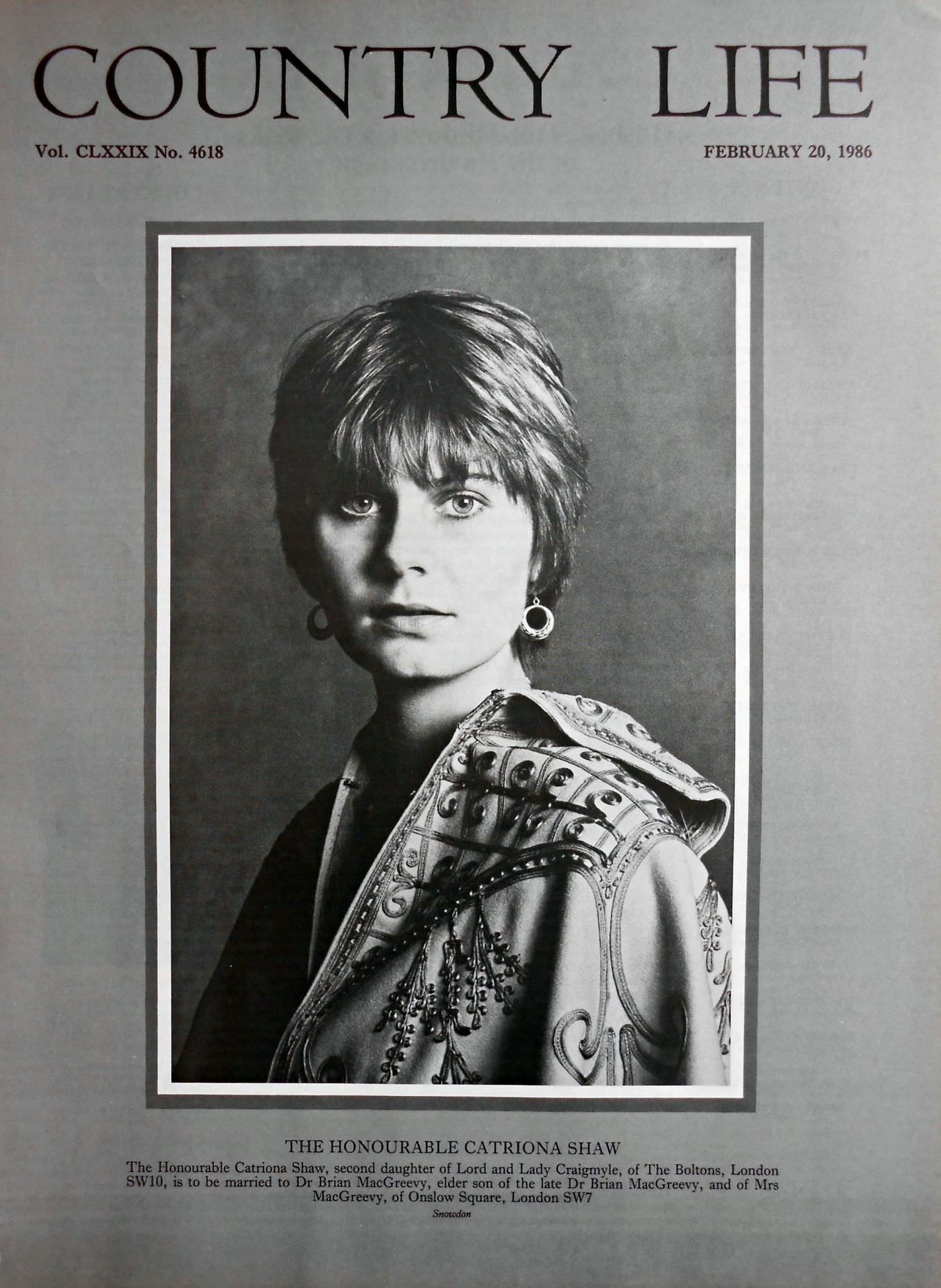 The Honourable Catriona Shaw Country Life Magazine Portrait February 20, 1986 Vol. CLXXIX No. 4618