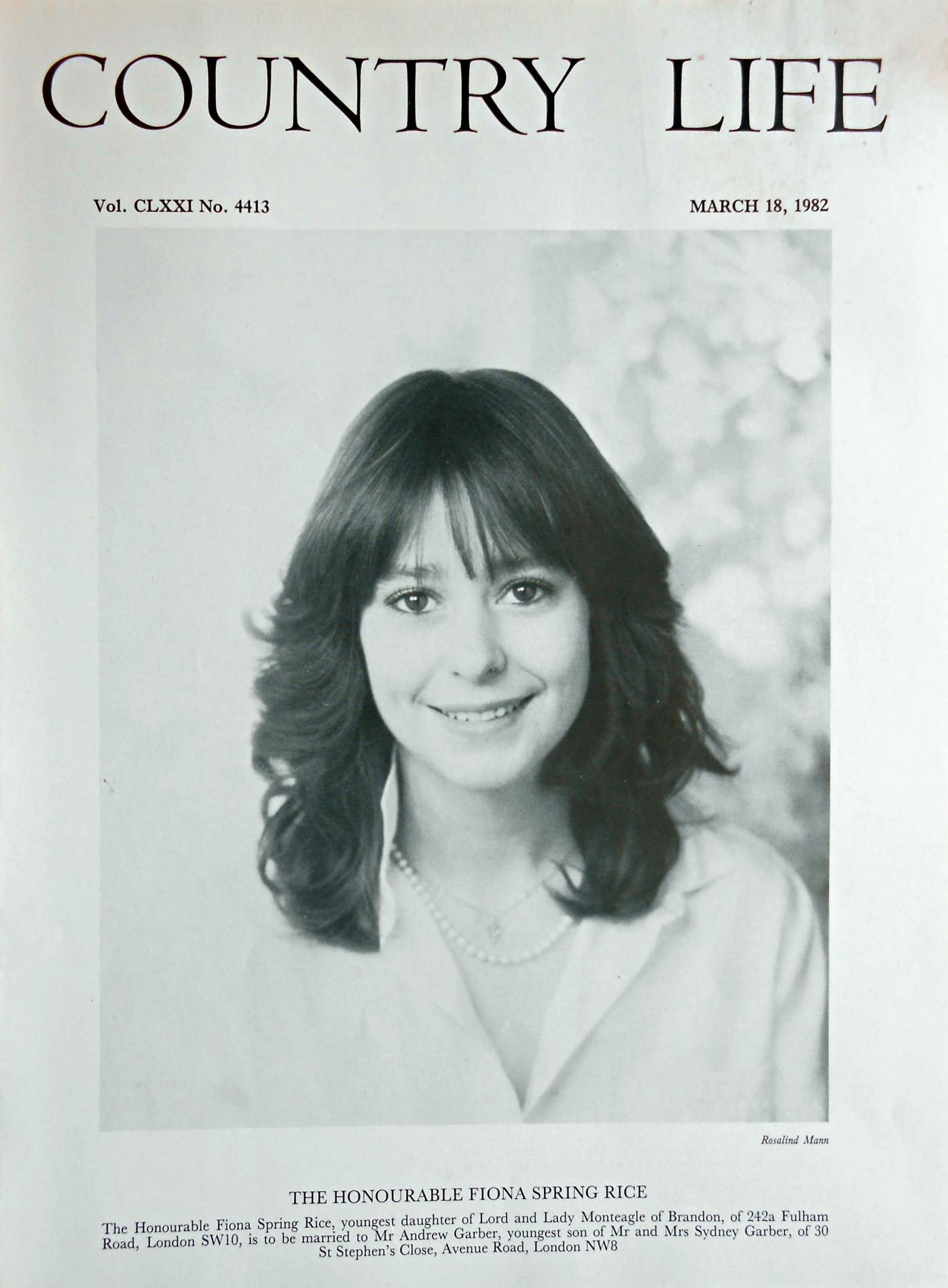 The Honourable Fiona Spring Rice Country Life Magazine Portrait March 18, 1982 Vol. CLXXI No. 4413