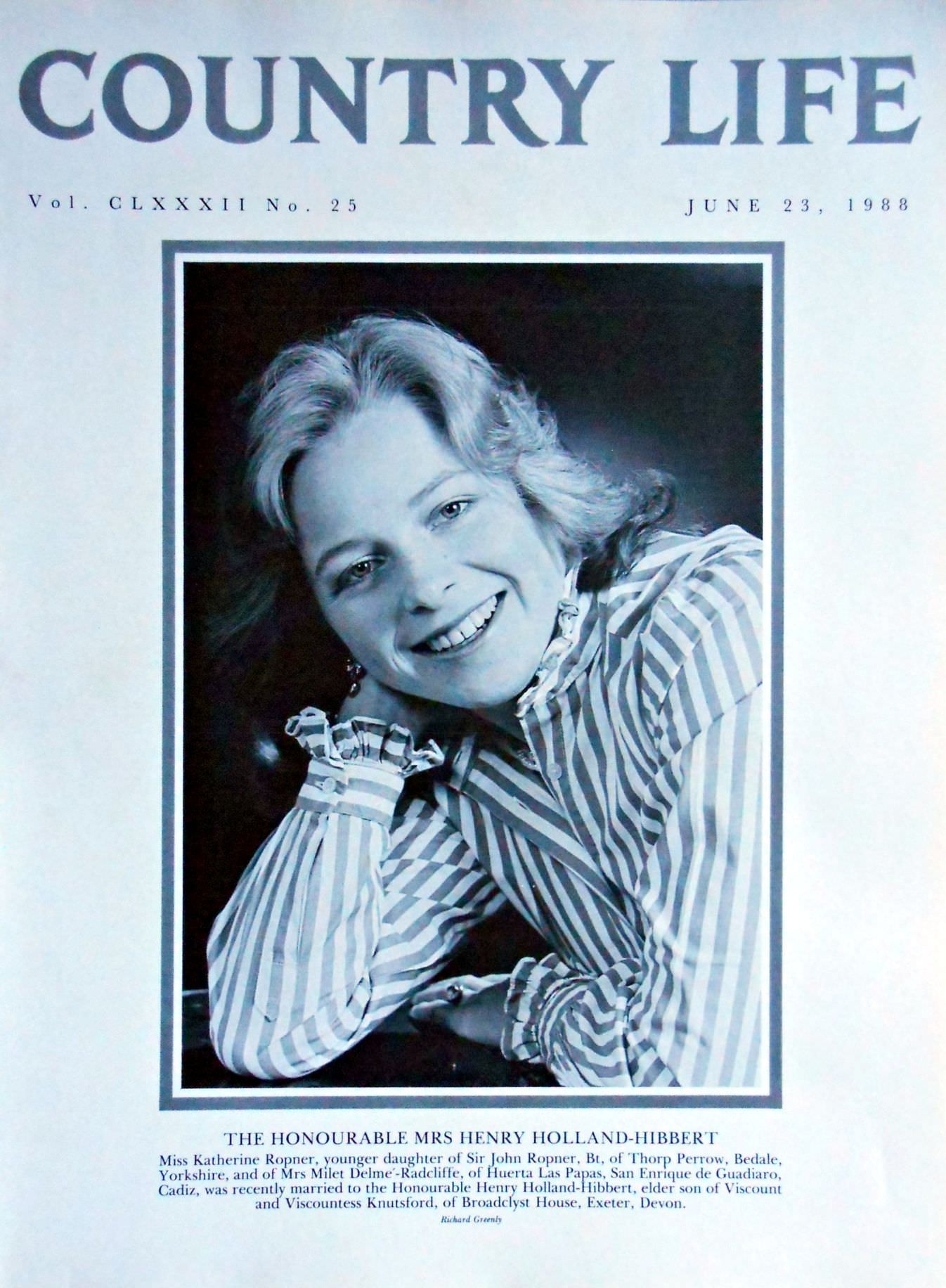 The Honourable Mrs Henry Holland-Hibbert, Miss Katherine Ropner Country Life Magazine Portrait June 23, 1988 Vol. CLXXXII No. 25