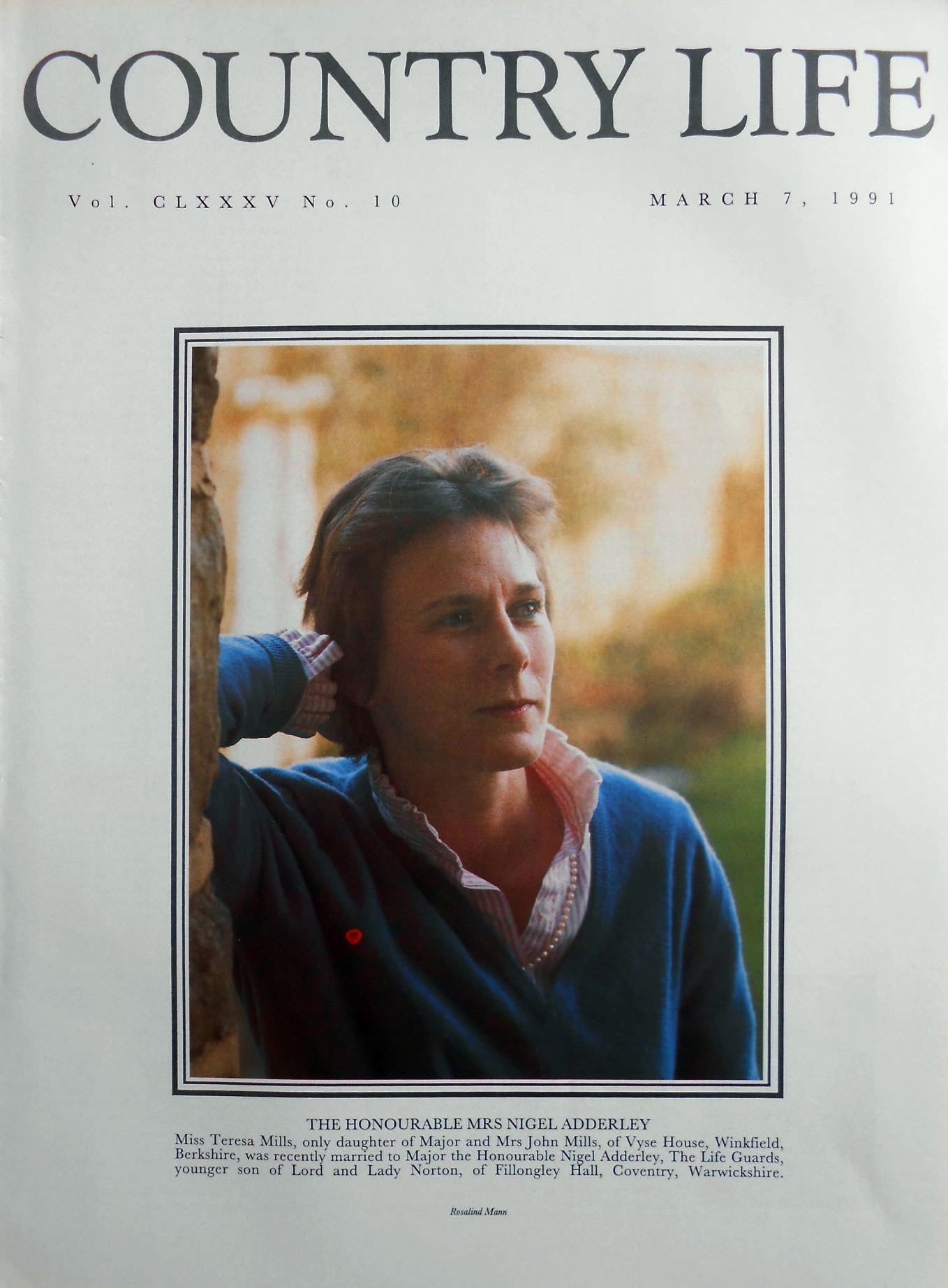 The Honourable Mrs Nigel Adderley, Miss Teresa Mills Country Life Magazine Portrait March 7, 1991 Vol. CLXXXV No. 10