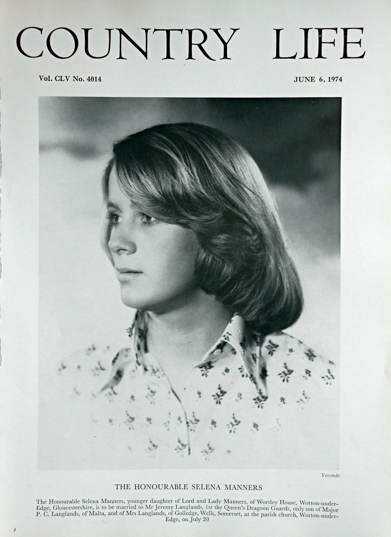 The Honourable Selena Manners Country Life Magazine Portrait June 6, 1974 Vol. CLV No. 4014