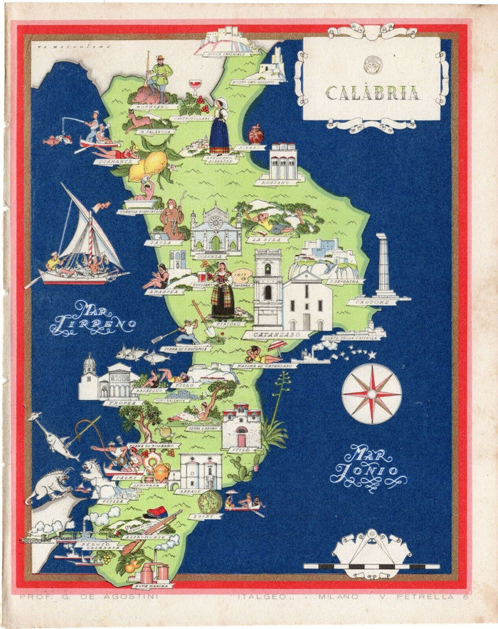 c.1941 Calabria Italy Pictorial Map De Agostini Nicouline Vsevolod Petrovic
